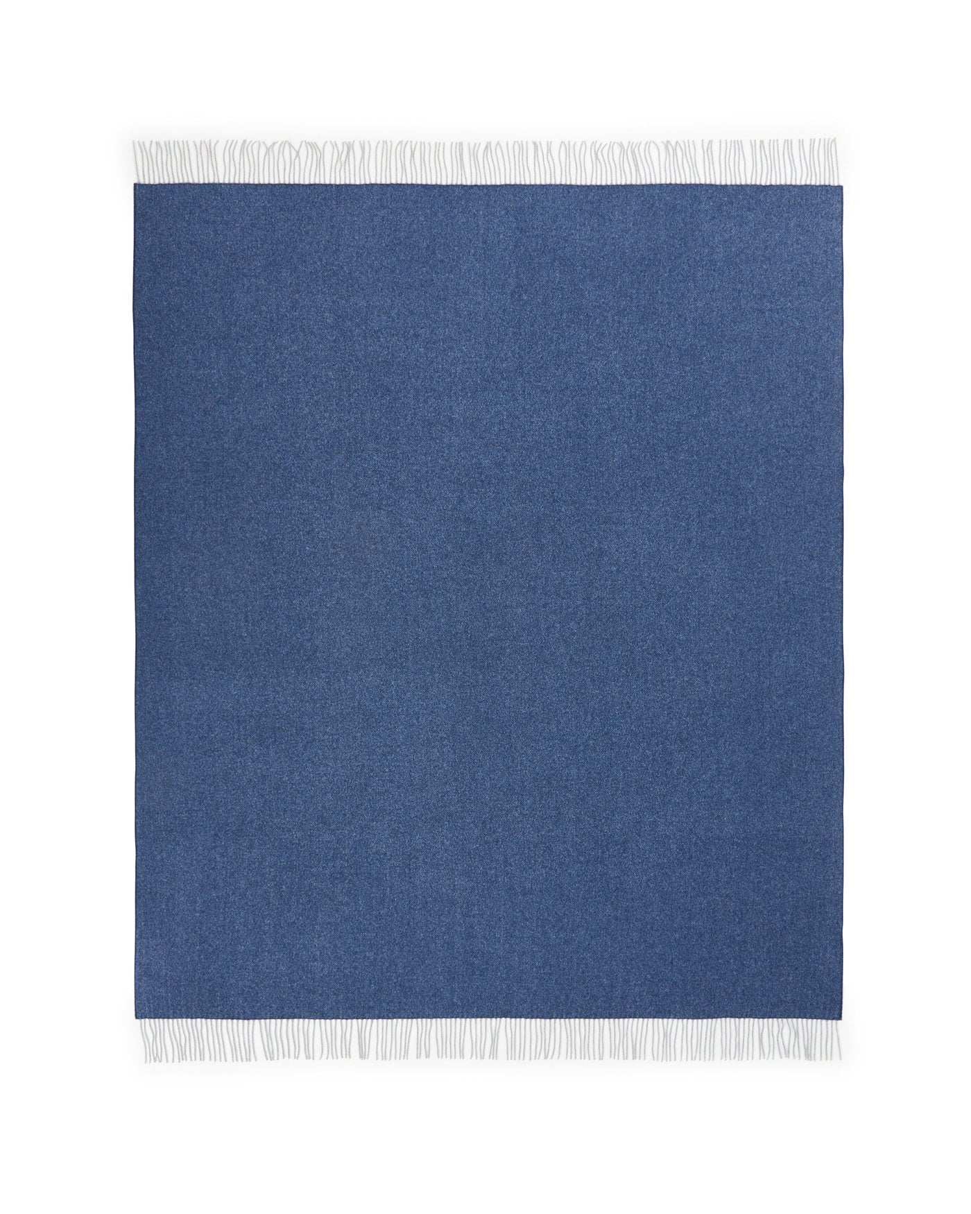Lanerossi Cassiopea throw in blue with white fringe trim, flat lay view.
