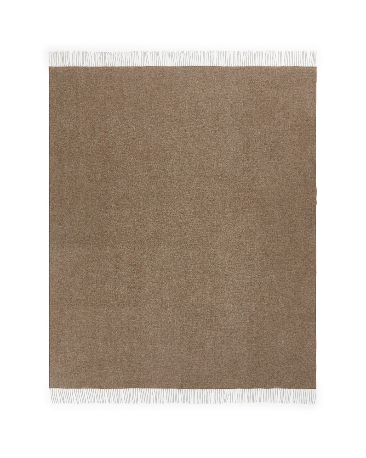 Lanerossi Cassiopea throw in camel, flat lay showing ivory fringe trim detail.