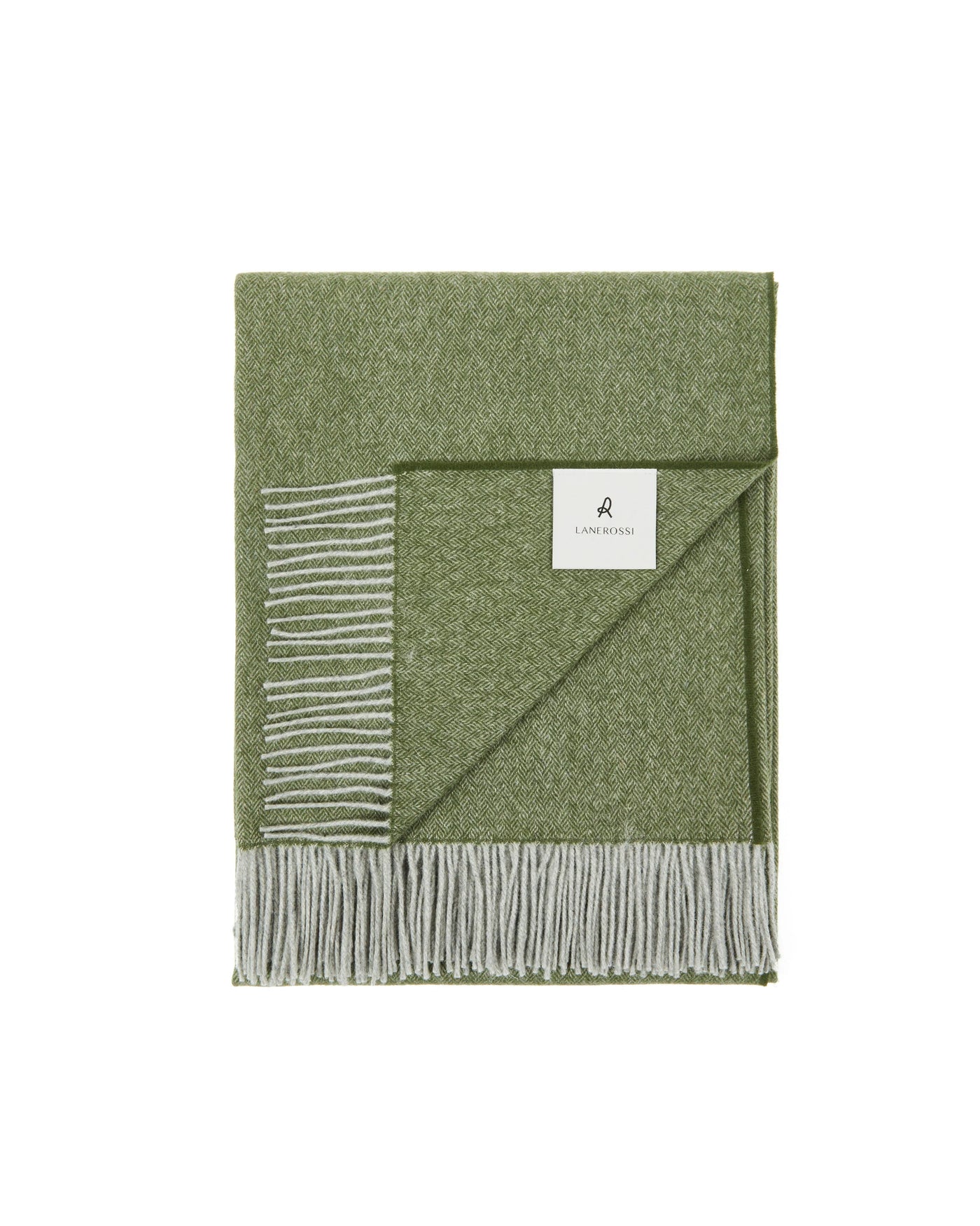 Lanerossi Cassiopea throw folded to show sage green face and grey fringe detail.