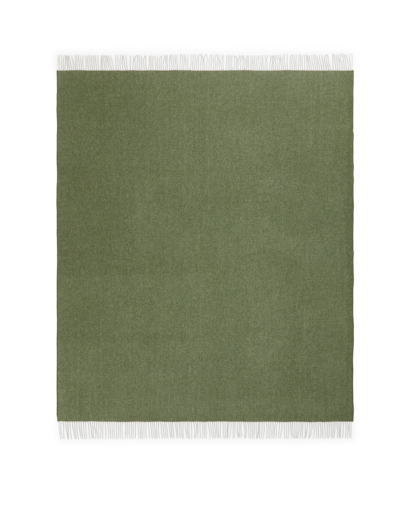 Sage green wool throw with white fringe trim, laid flat against white background.