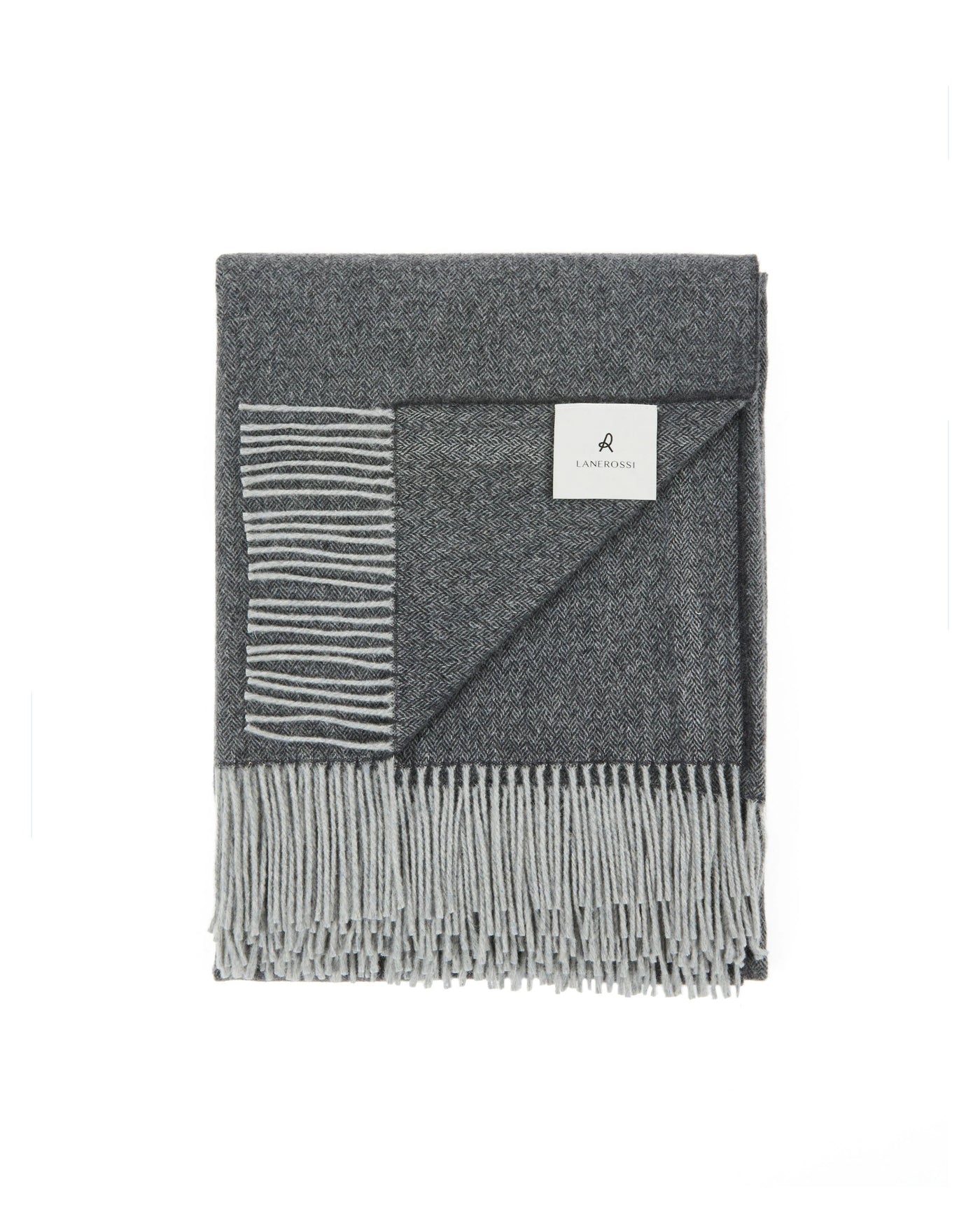 Lanerossi Cassiopea throw in charcoal grey wool with fringe trim, folded flat.