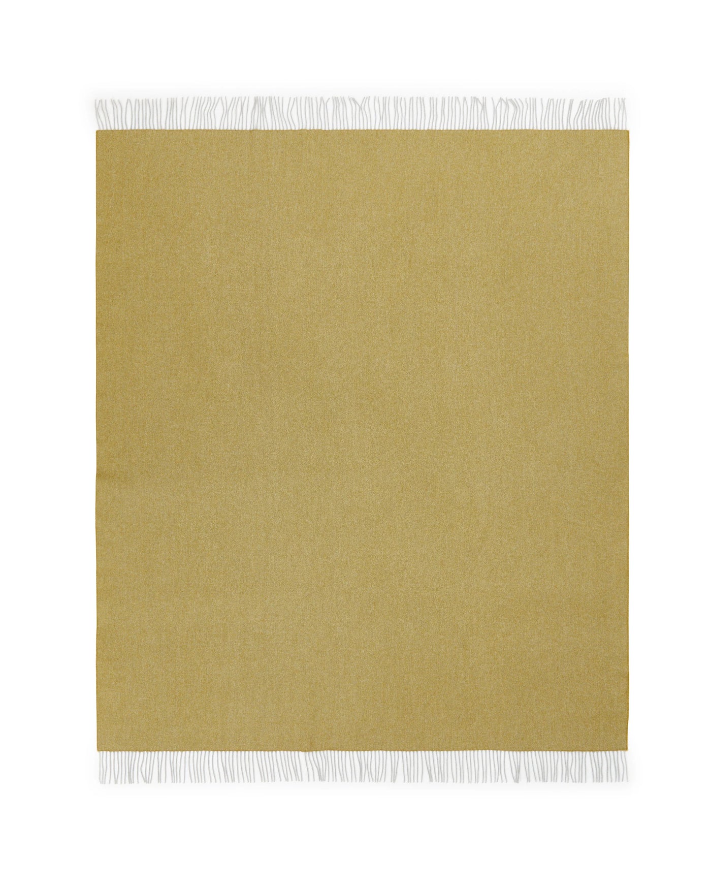 Ochre wool throw laid flat, white fringe trim along top and bottom edges.