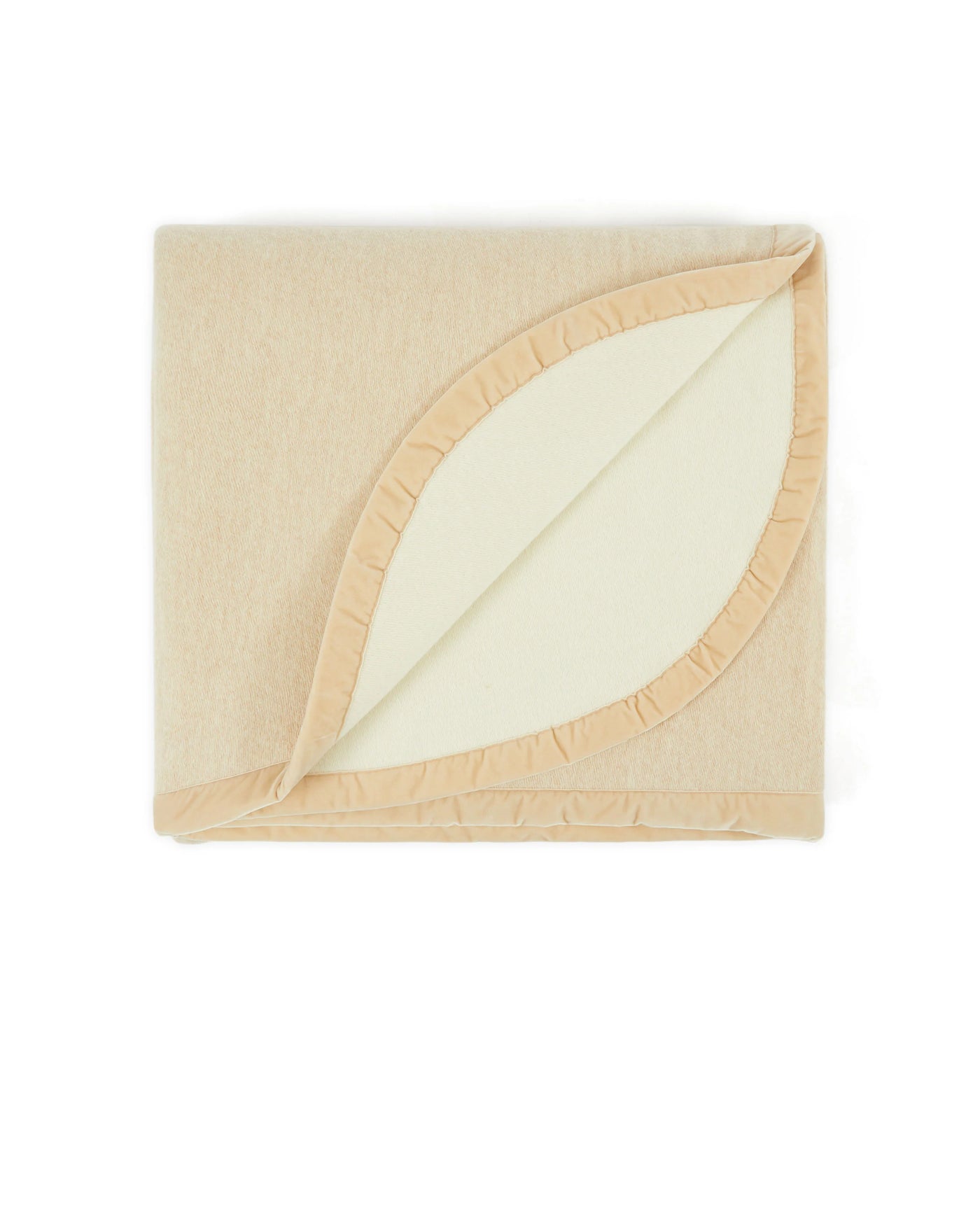 Close-up of folded Lanerossi Thermo Blanket in sand with ivory interior and ruffled trim detail.