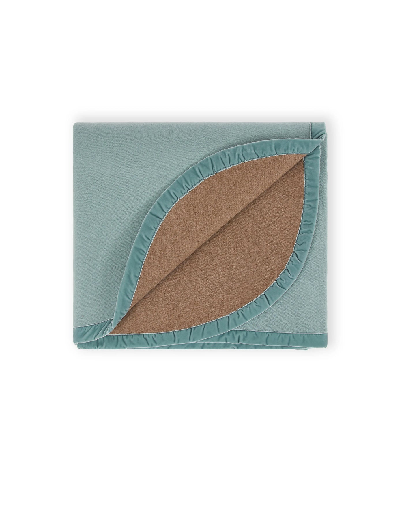 Lanerossi Color thermo blanket corner folded back, revealing camel reverse with ruffled trim.