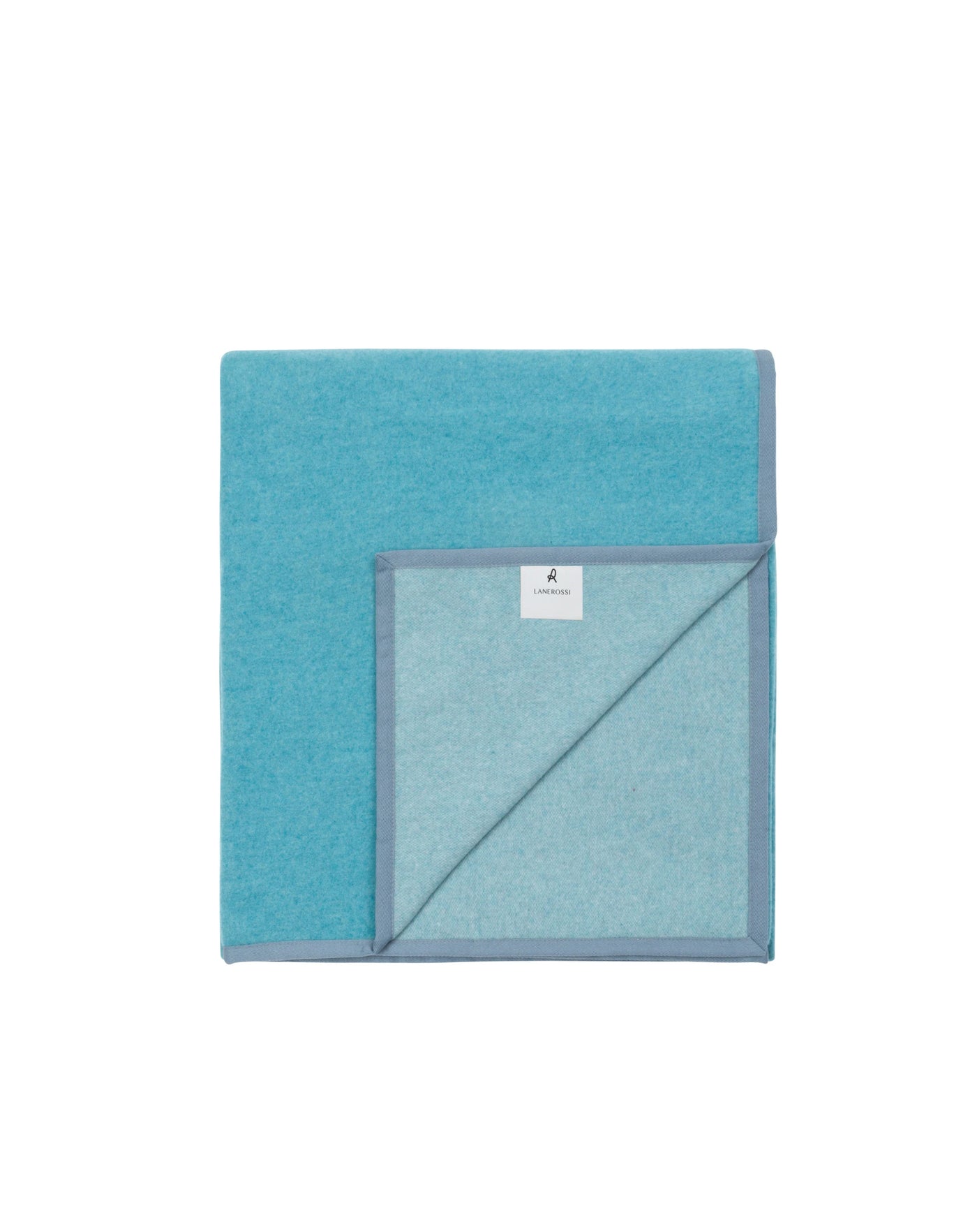 Lanerossi Cortina blanket folded, showing teal top and lighter reverse with grey border trim.