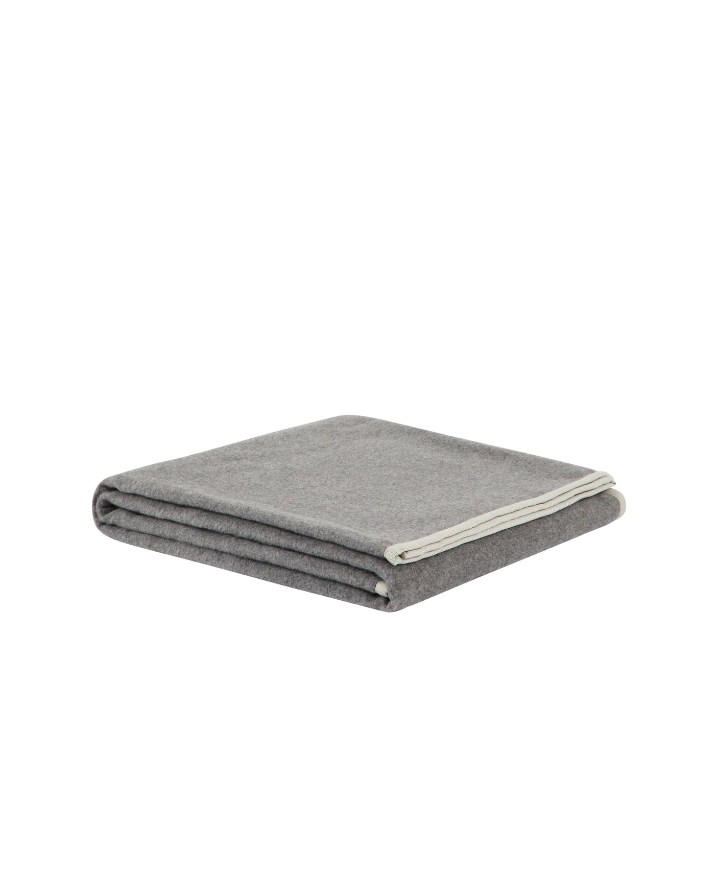 Lanerossi Cortina blanket folded, charcoal wool with ivory contrast edge binding.