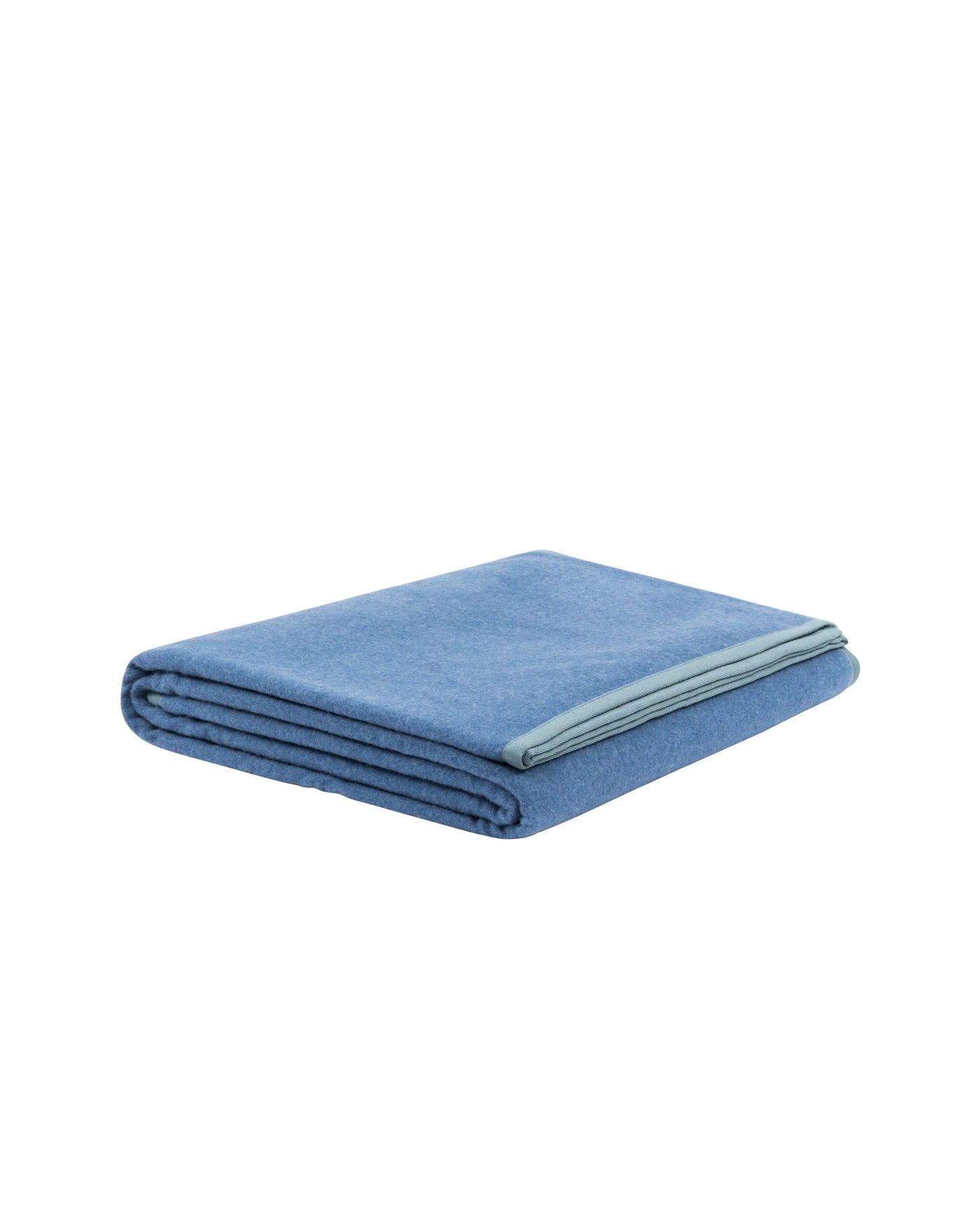 Lanerossi Cortina blanket folded flat, showing cornflower blue wool with sage reverse hem.
