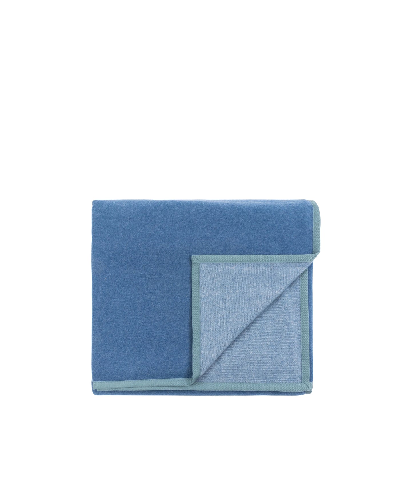 Lanerossi Cortina blanket folded flat, showing cornflower blue face and sage reverse.