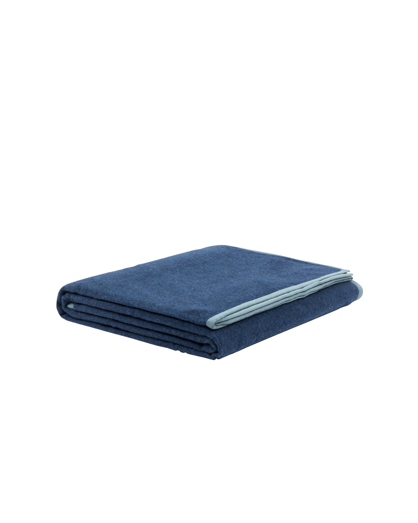 Lanerossi Cortina blanket folded flat, navy wool with pale blue contrast trim detail.