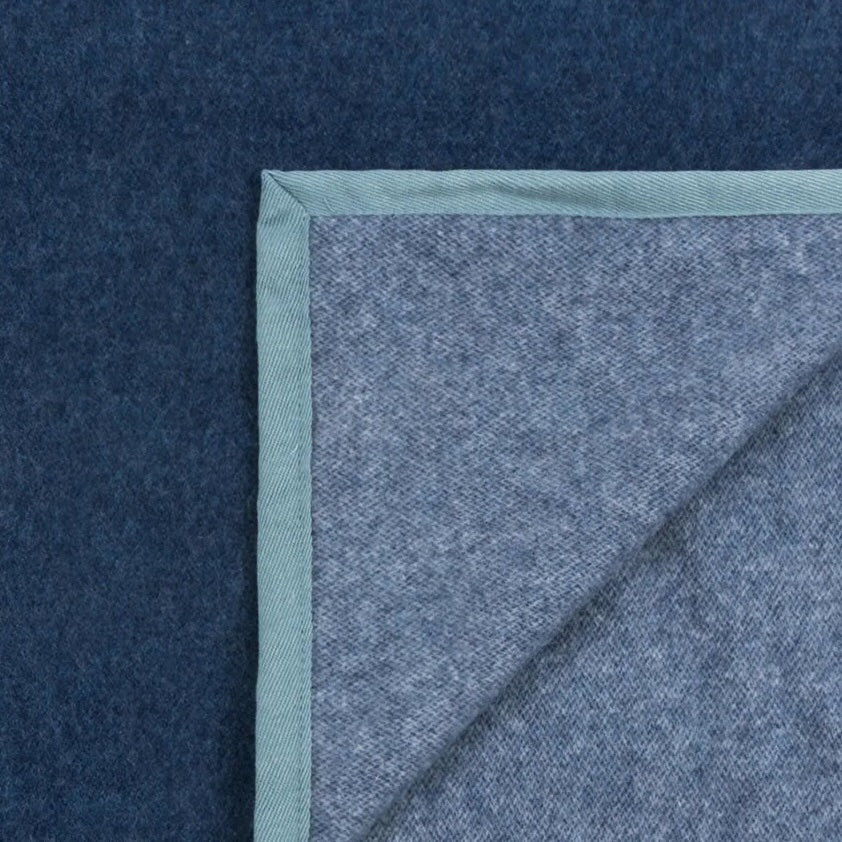 Corner fold detail showing navy face, heather grey reverse, and sage green blanket binding.