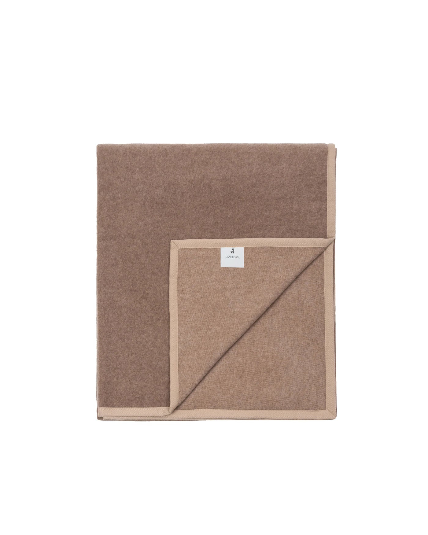 Folded mocha wool blanket with contrasting camel border, corner folded back to reveal reverse side.