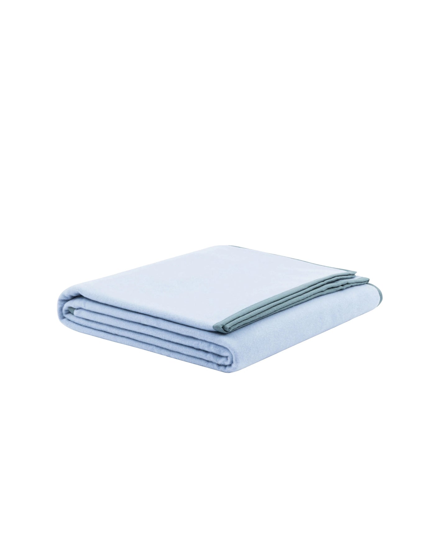 Lanerossi Cortina blanket folded, pale blue with sage green blanket-stitch border trim.