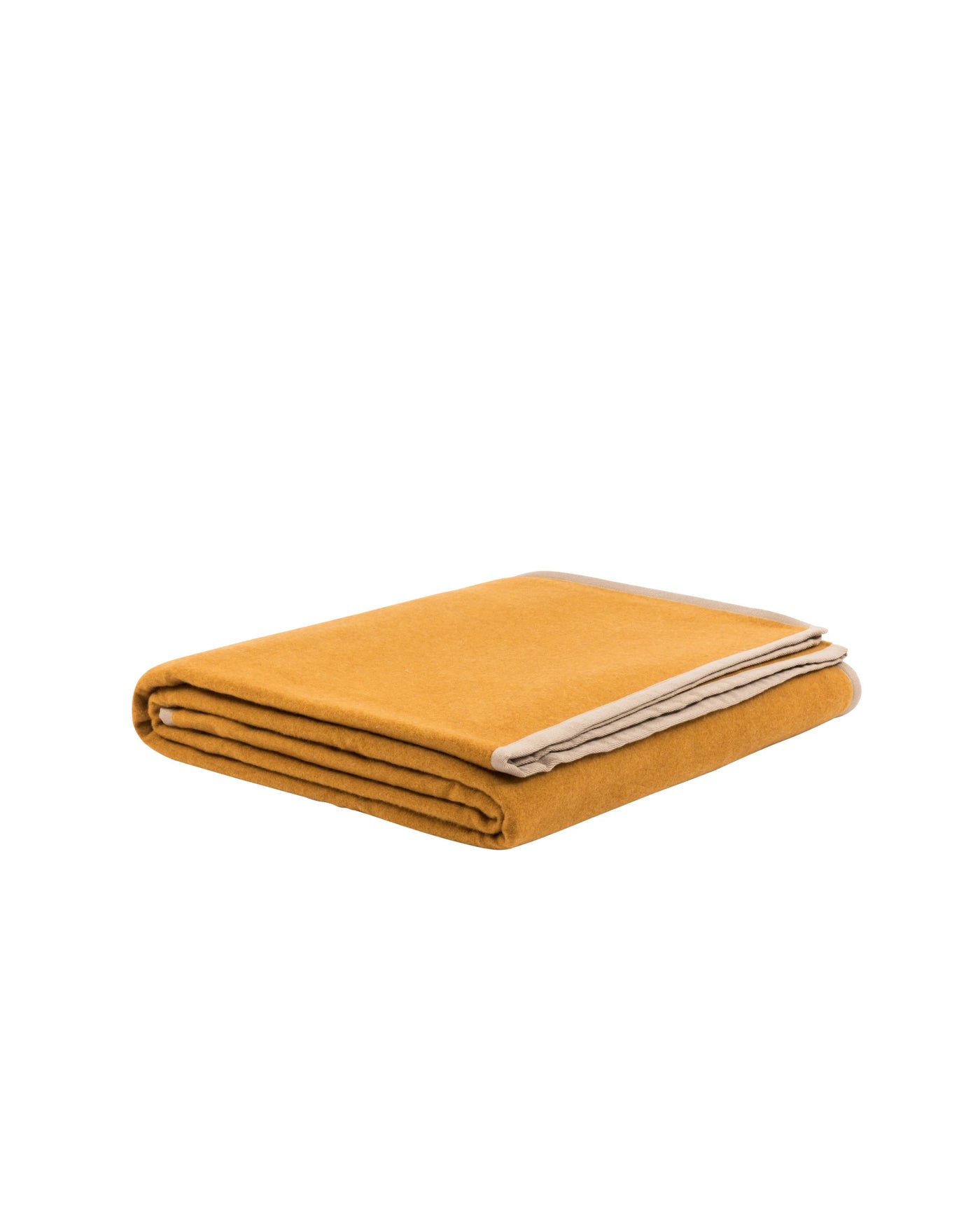 Lanerossi Cortina blanket folded, saffron wool with ivory contrast edge binding.