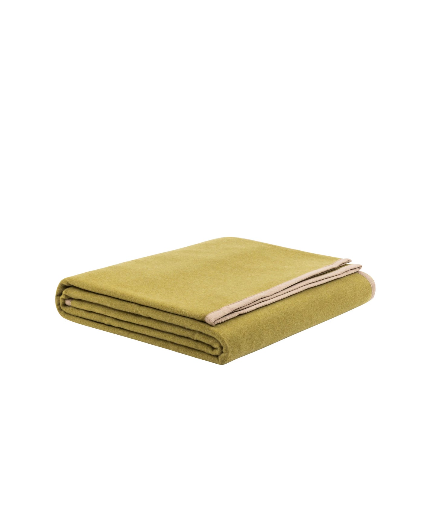 Folded olive green wool blanket with contrasting sand reverse, shown on white background.