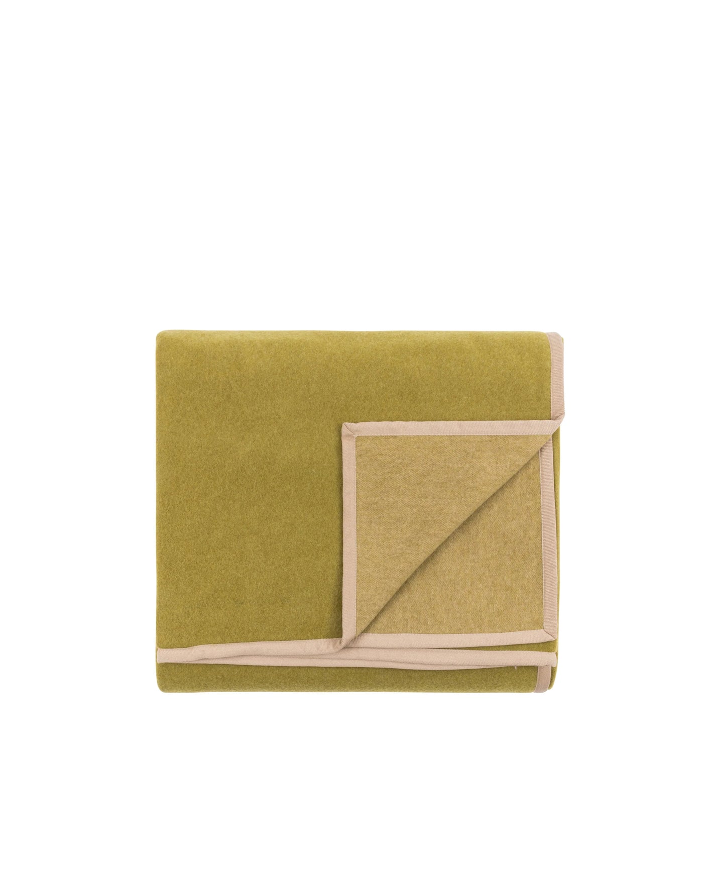 Folded olive green wool blanket with champagne trim, corner turned to reveal reverse side.