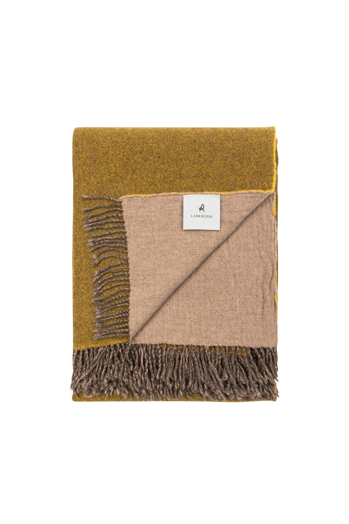 Lanerossi Dioniso throw folded, mustard and sand reversible wool with fringed edges.