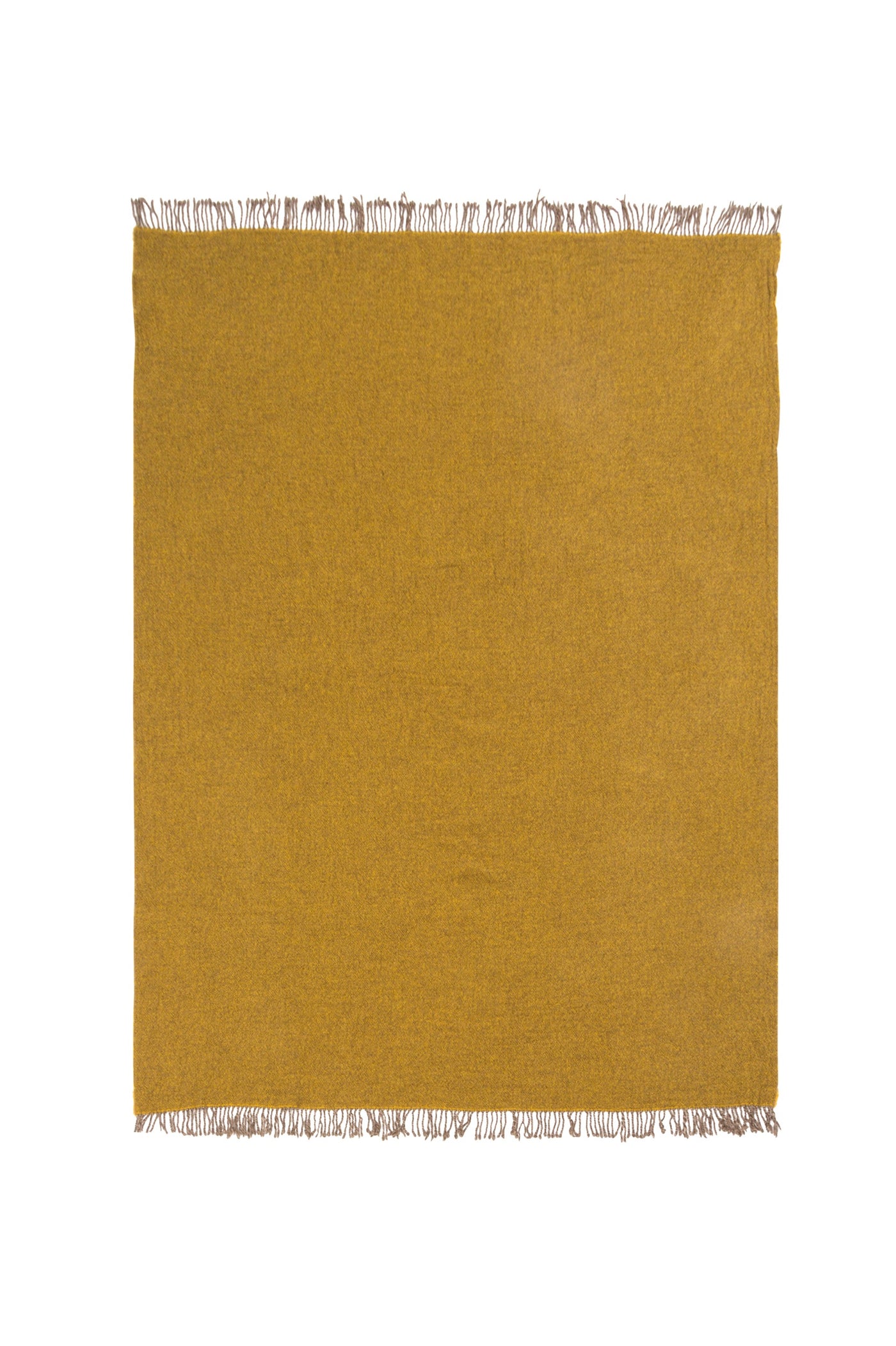 Lanerossi Dioniso throw in mustard gold, flat lay showing full fringe trim on top and bottom edges.