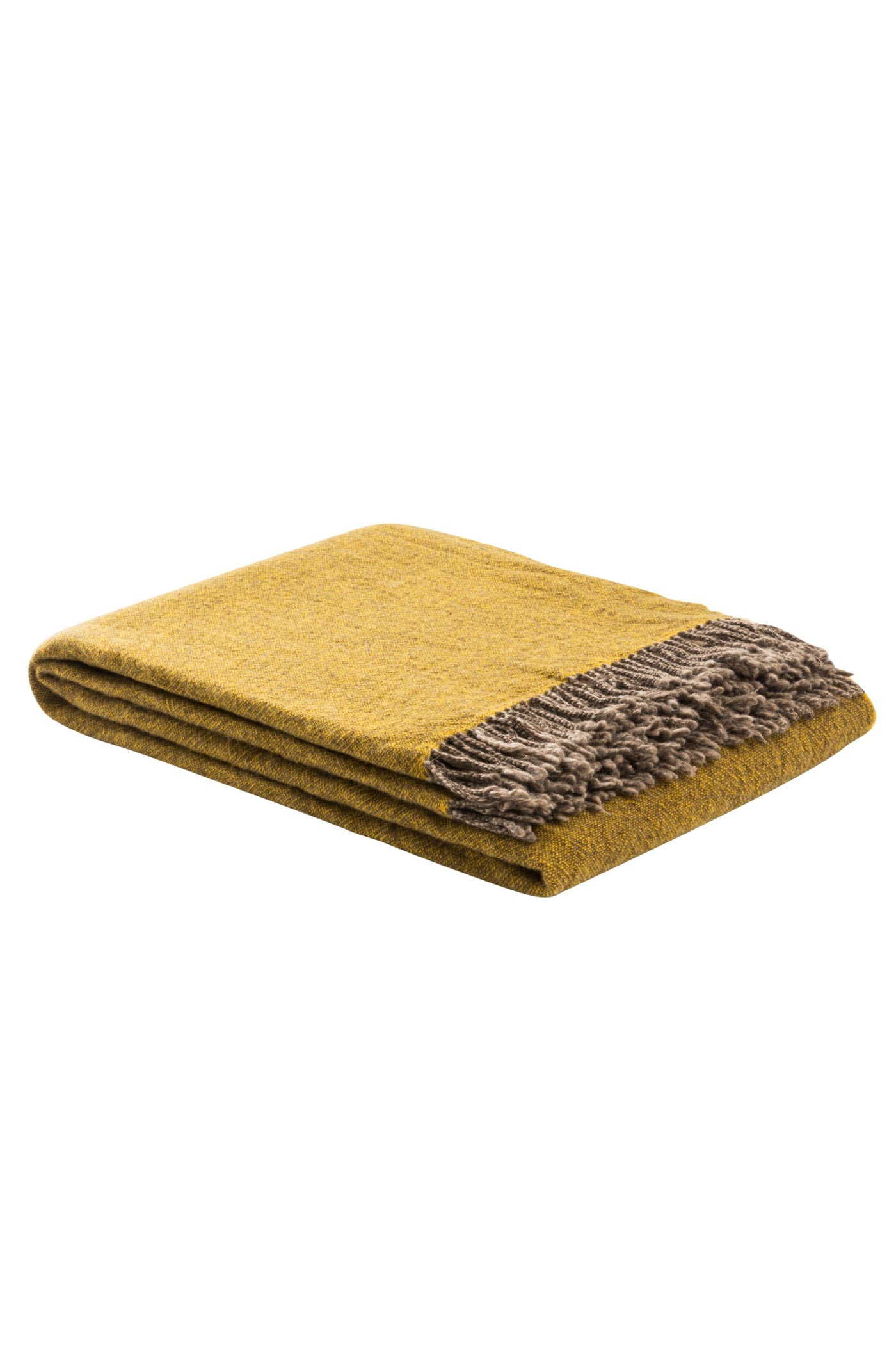 Lanerossi Dioniso throw folded, mustard wool with taupe fringe trim.