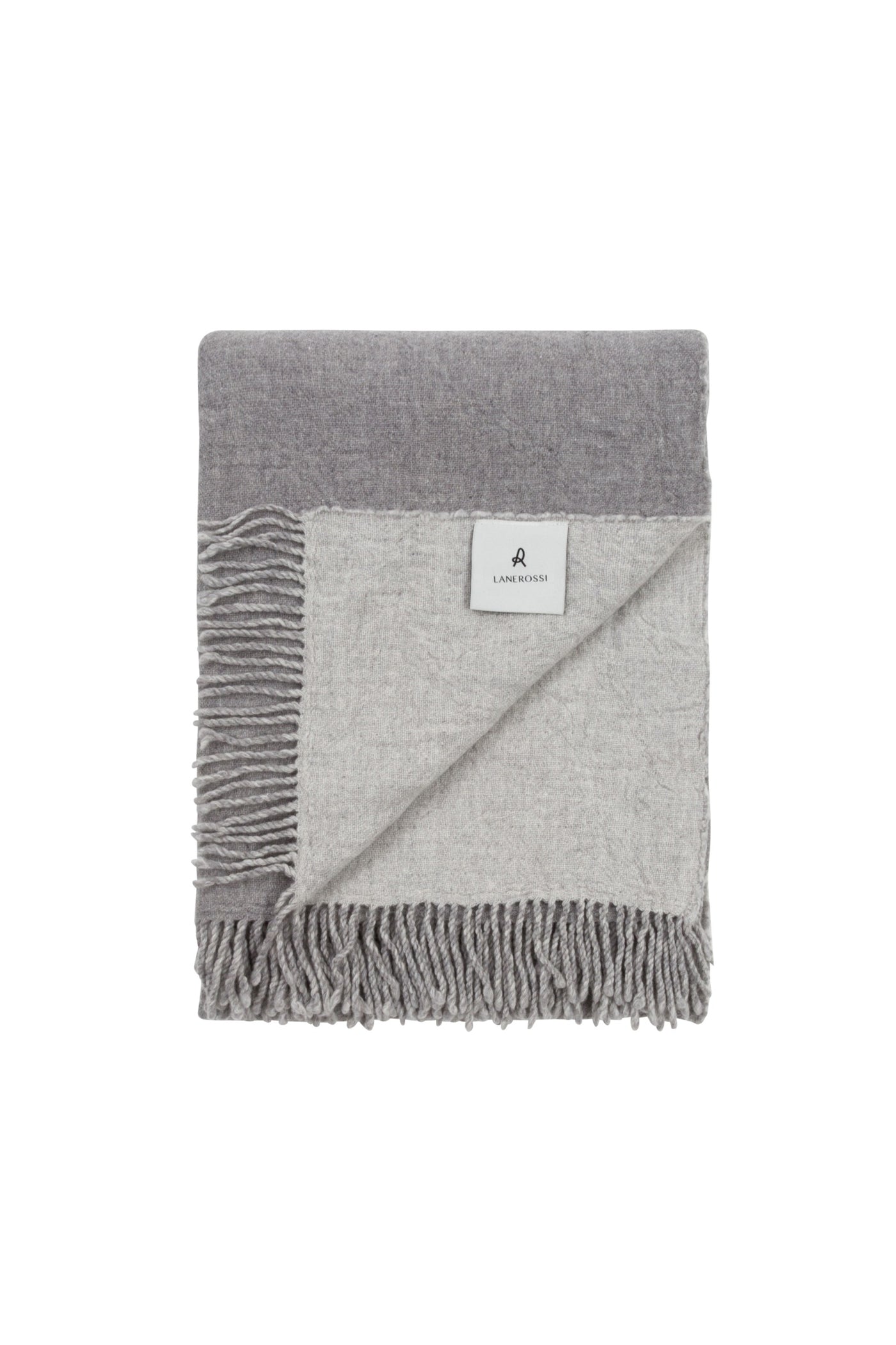 Lanerossi Dioniso throw folded flat, charcoal and light grey reversible with fringe trim.