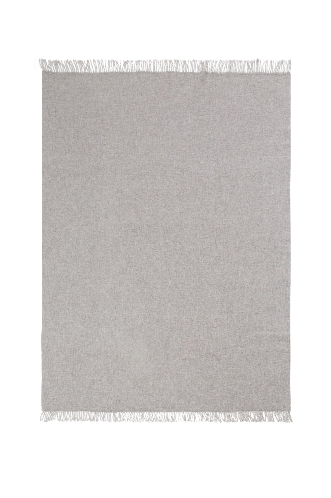 Lanerossi Dioniso throw in silver-grey with fringe trim, laid flat overhead view.