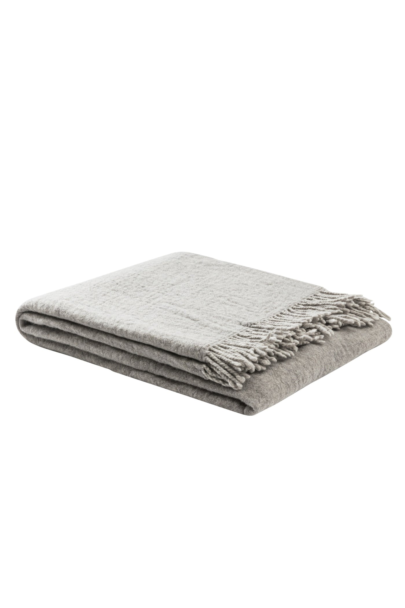 Lanerossi Dioniso throw folded neatly, silver-grey wool weave with knotted fringe trim.