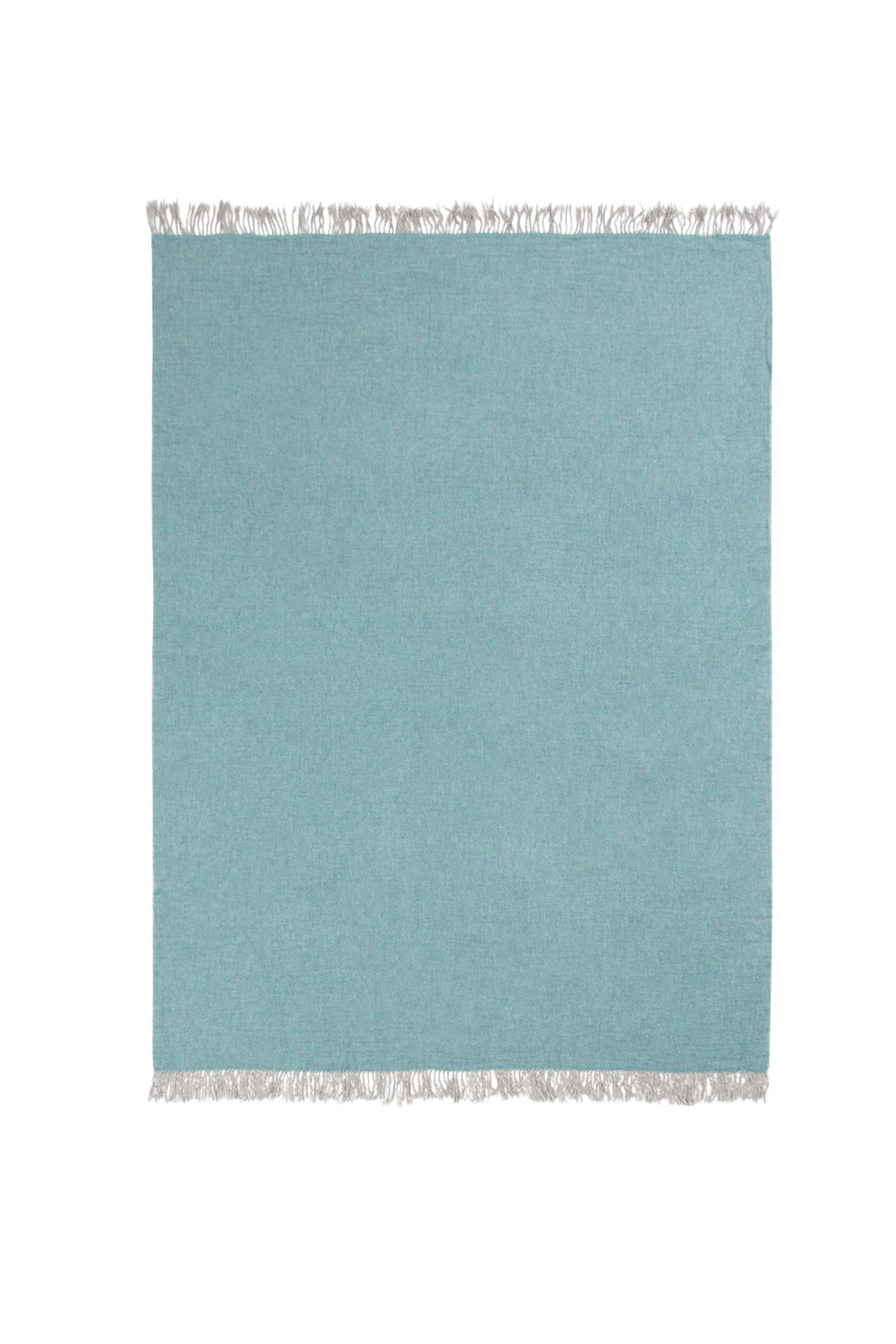 Lanerossi Dioniso throw in aqua, flat lay showing fringe trim detail along top and bottom edges.