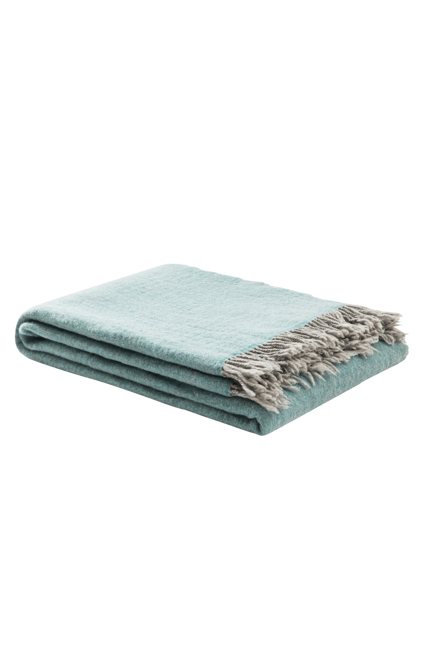 Folded aqua wool throw with contrasting grey fringe trim, angled view on white background.