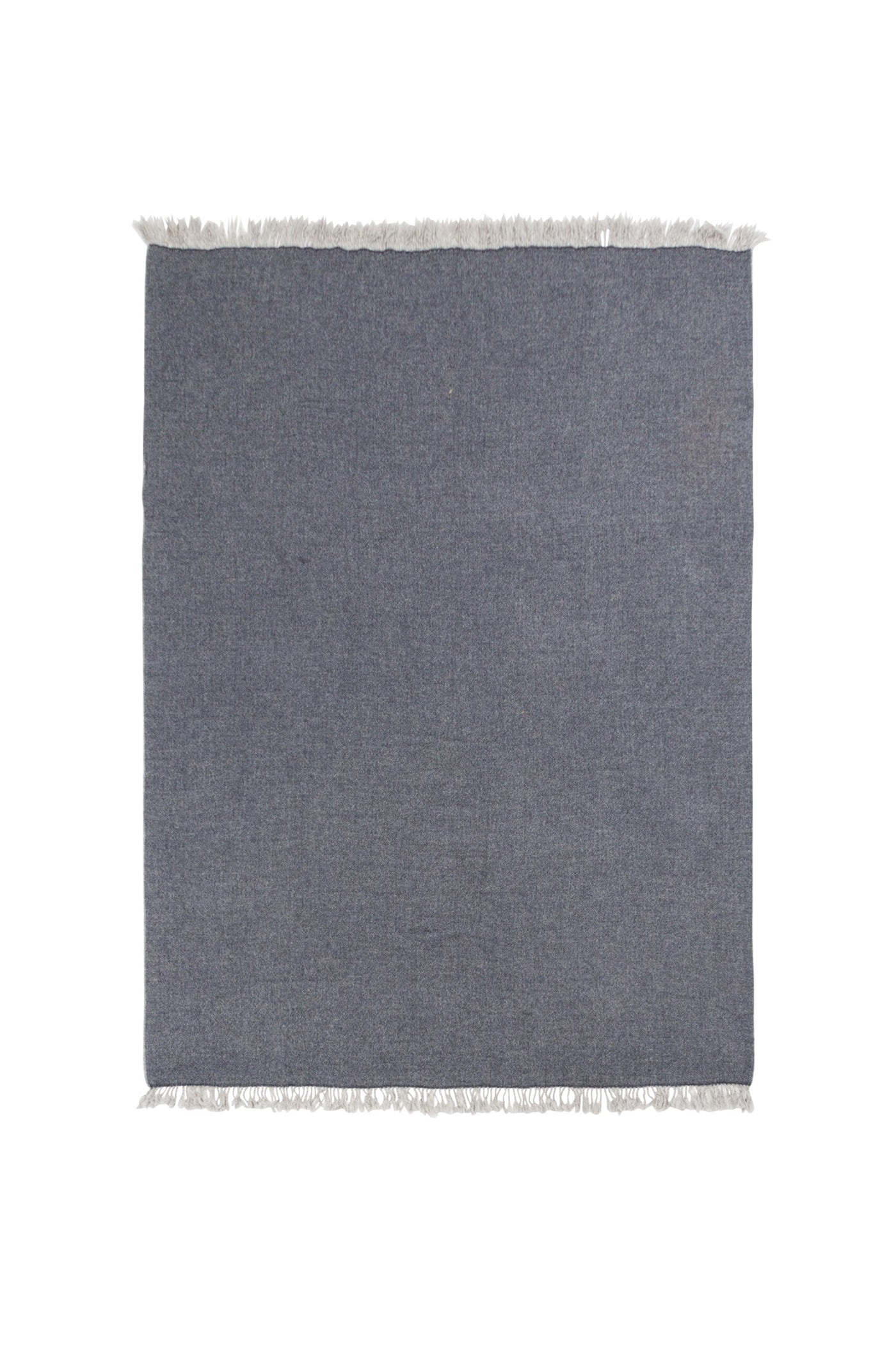 Slate blue Lanerossi Dioniso throw laid flat, showing fringe trim along top and bottom edges.