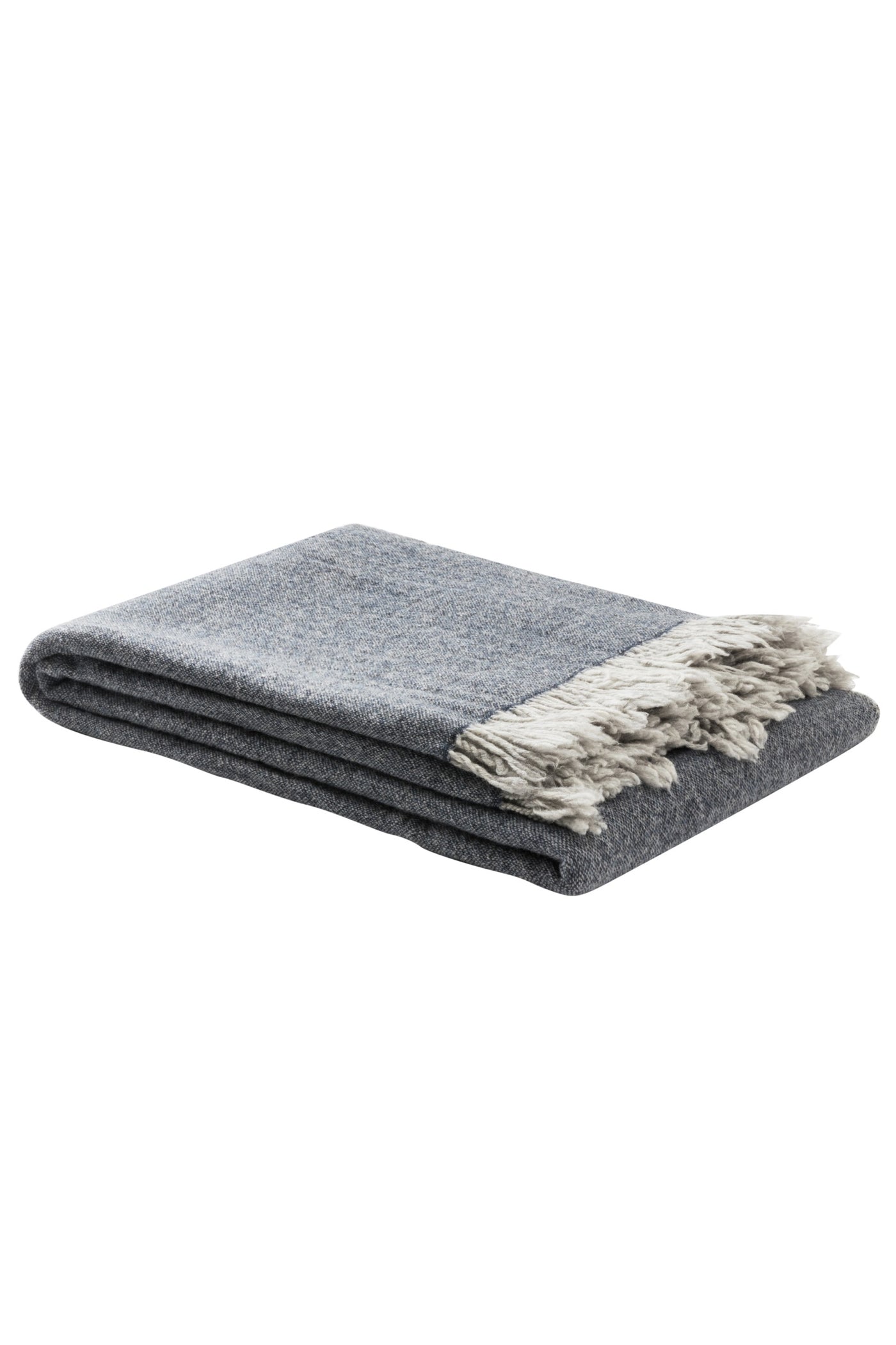 Folded slate blue wool throw with natural fringe trim, shown against white background.