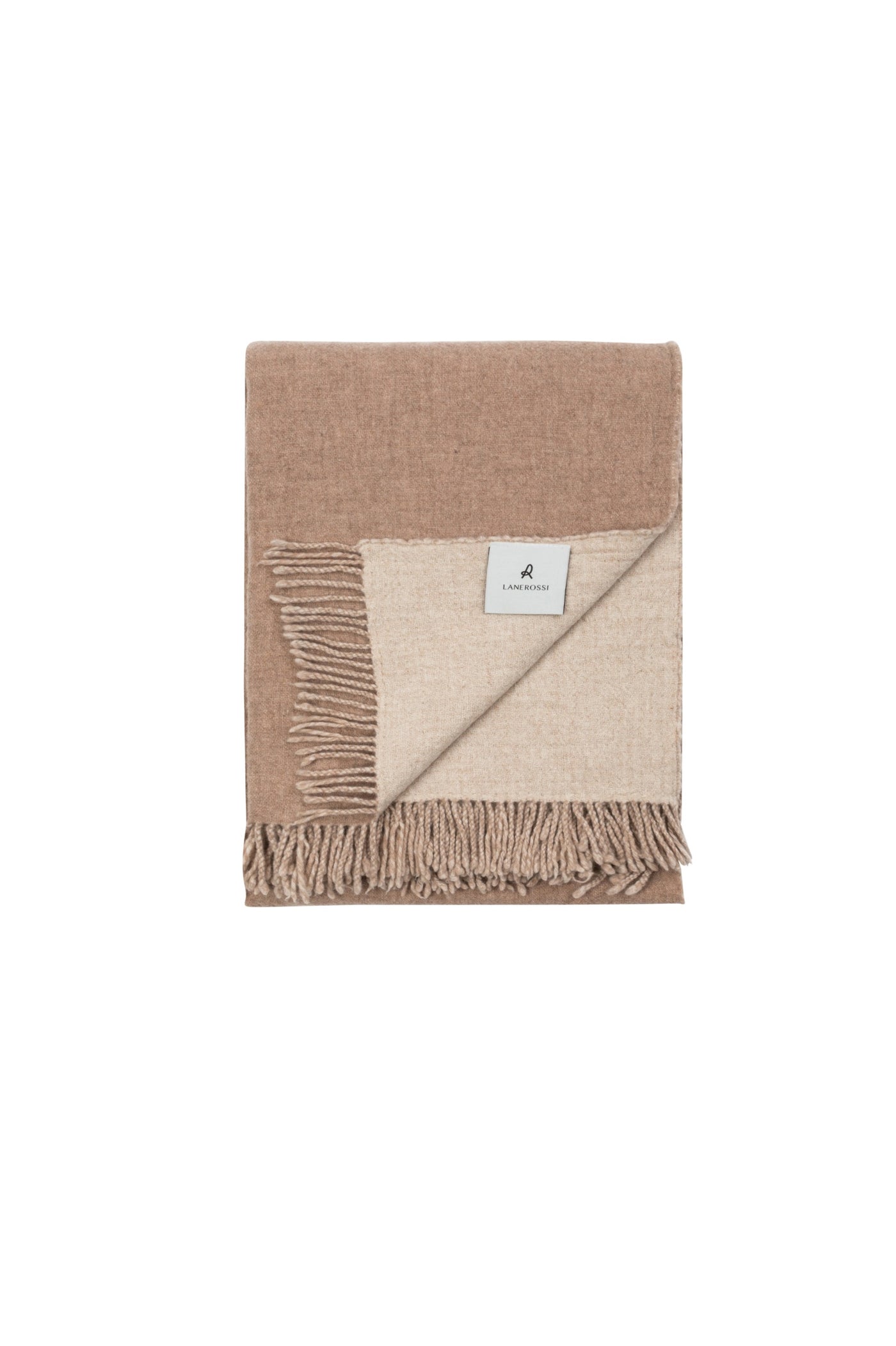 Folded Lanerossi Dioniso throw in camel and ivory, with fringe trim and woven label.
