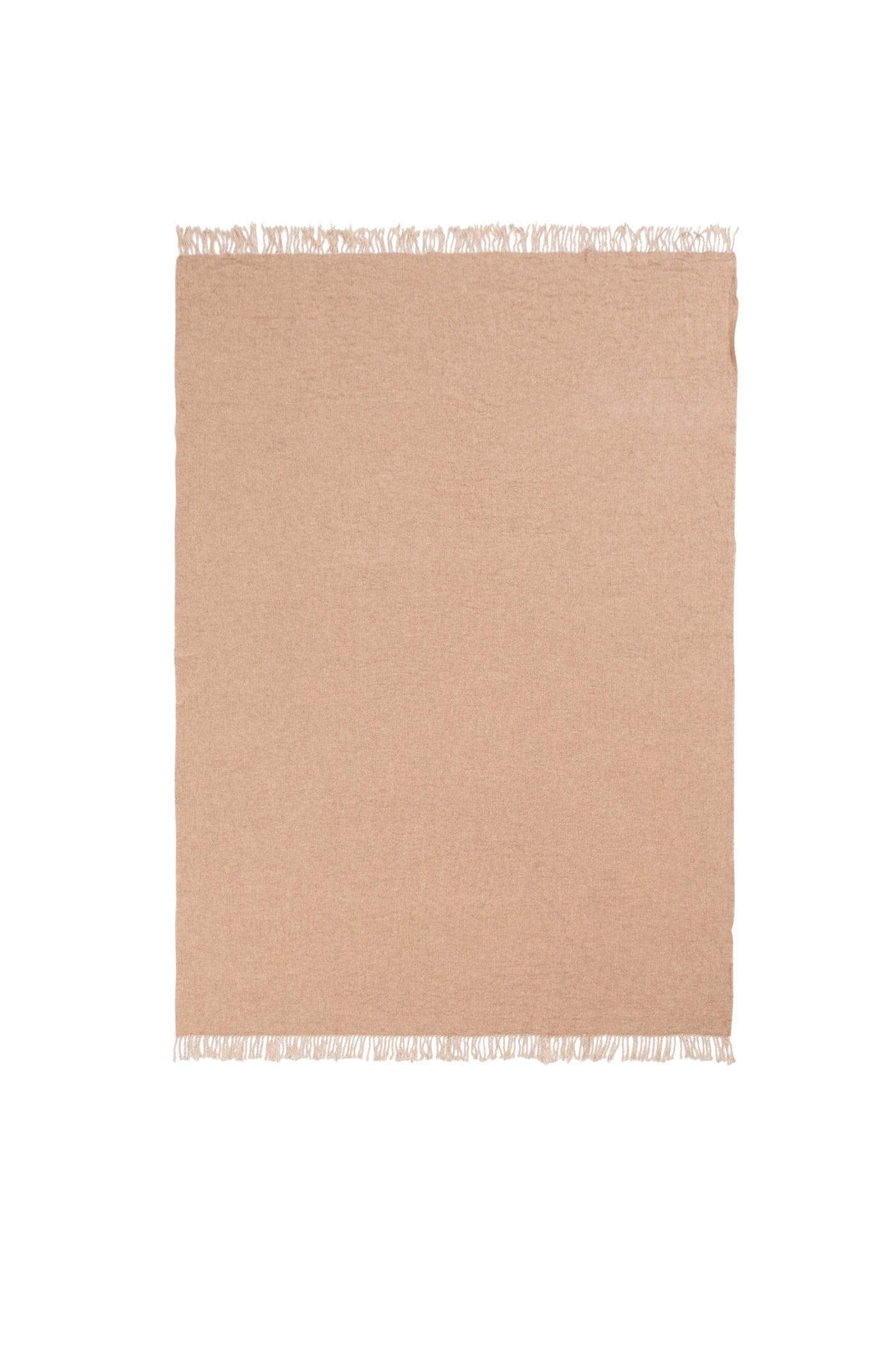 Blush woven throw with fringe trim, laid flat on white background.