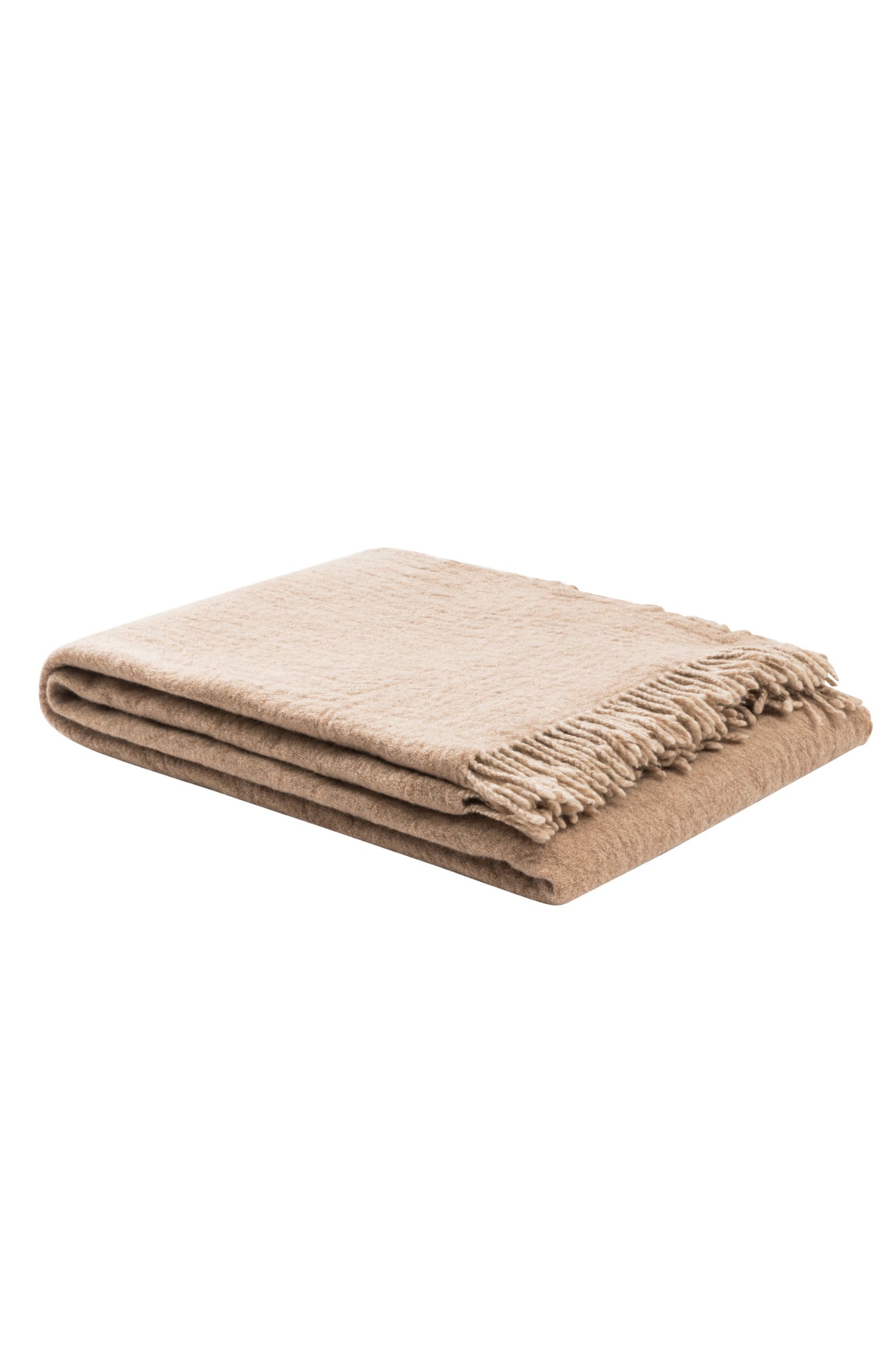 Folded camel-toned throw with fringe trim, showing textured weave on white background.