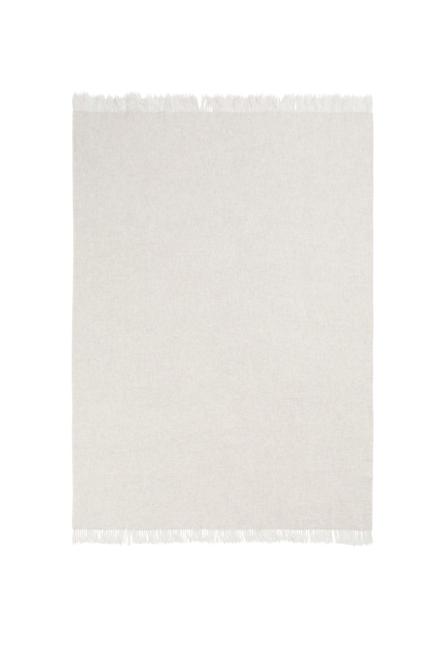 Ivory woven throw with delicate fringe trim along top and bottom edges.