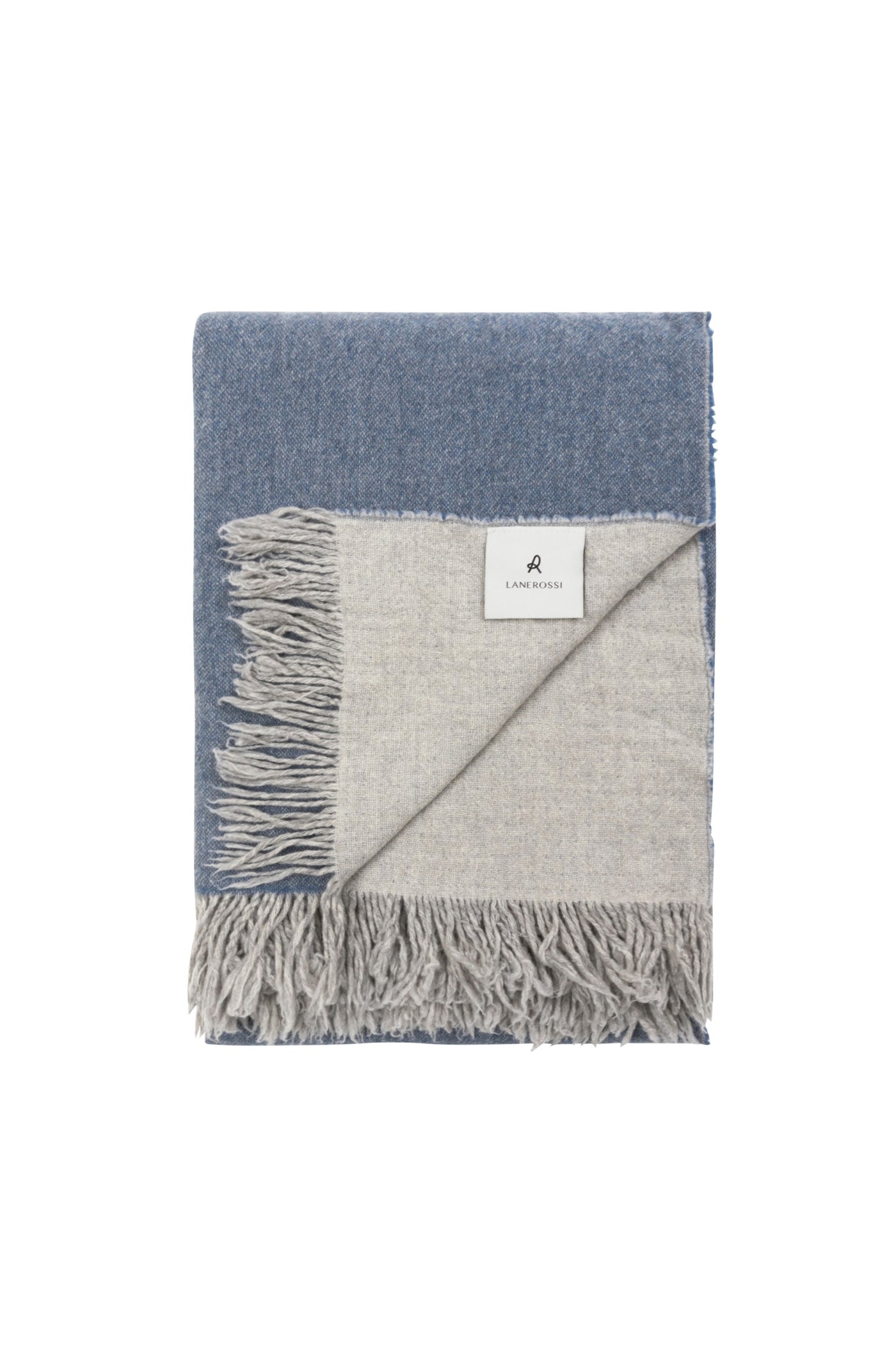 Lanerossi Dioniso throw folded, showing slate blue face and dove grey reverse with fringe trim.