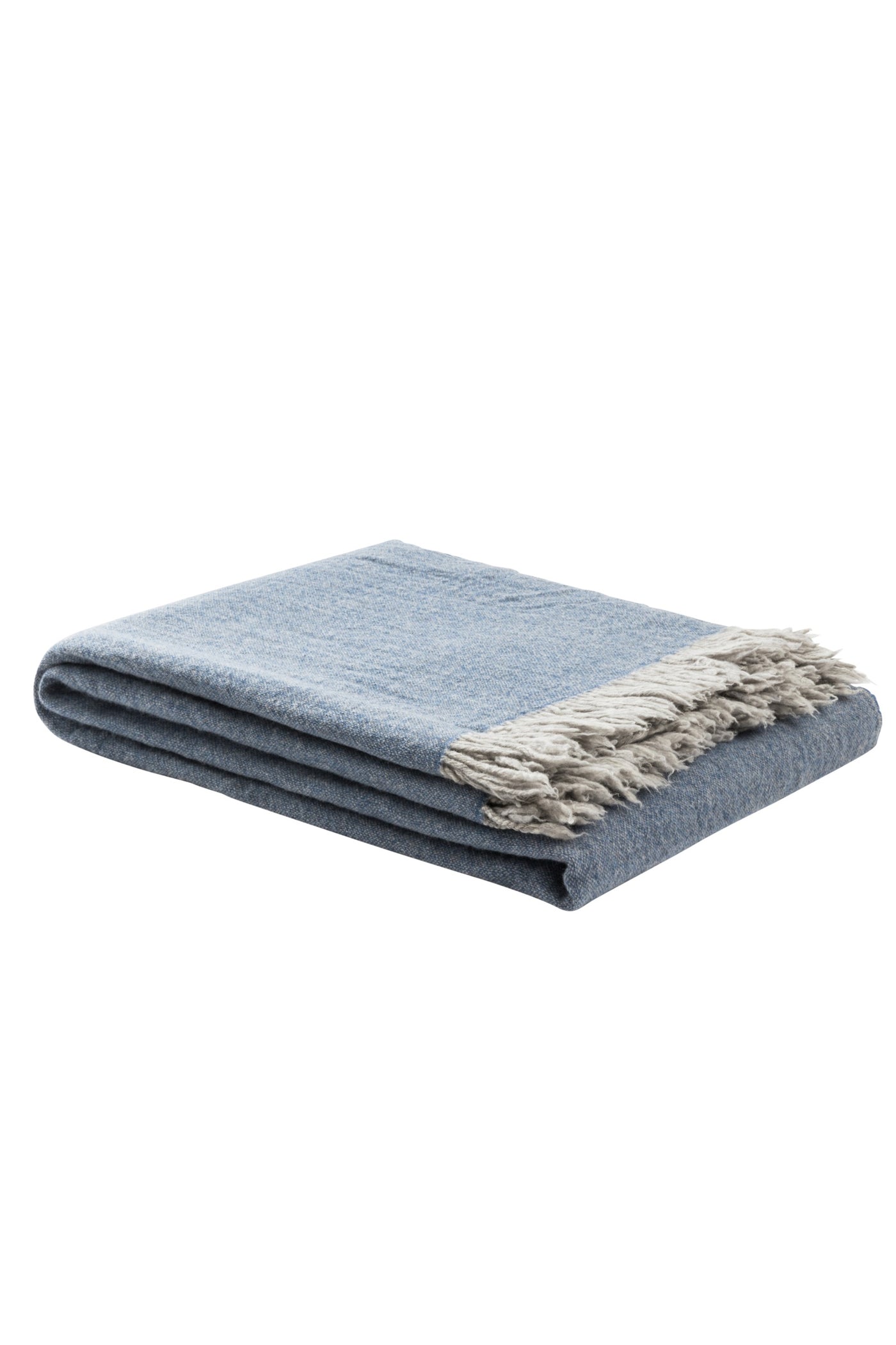 Folded slate blue throw with natural fringe trim, shown against white background.