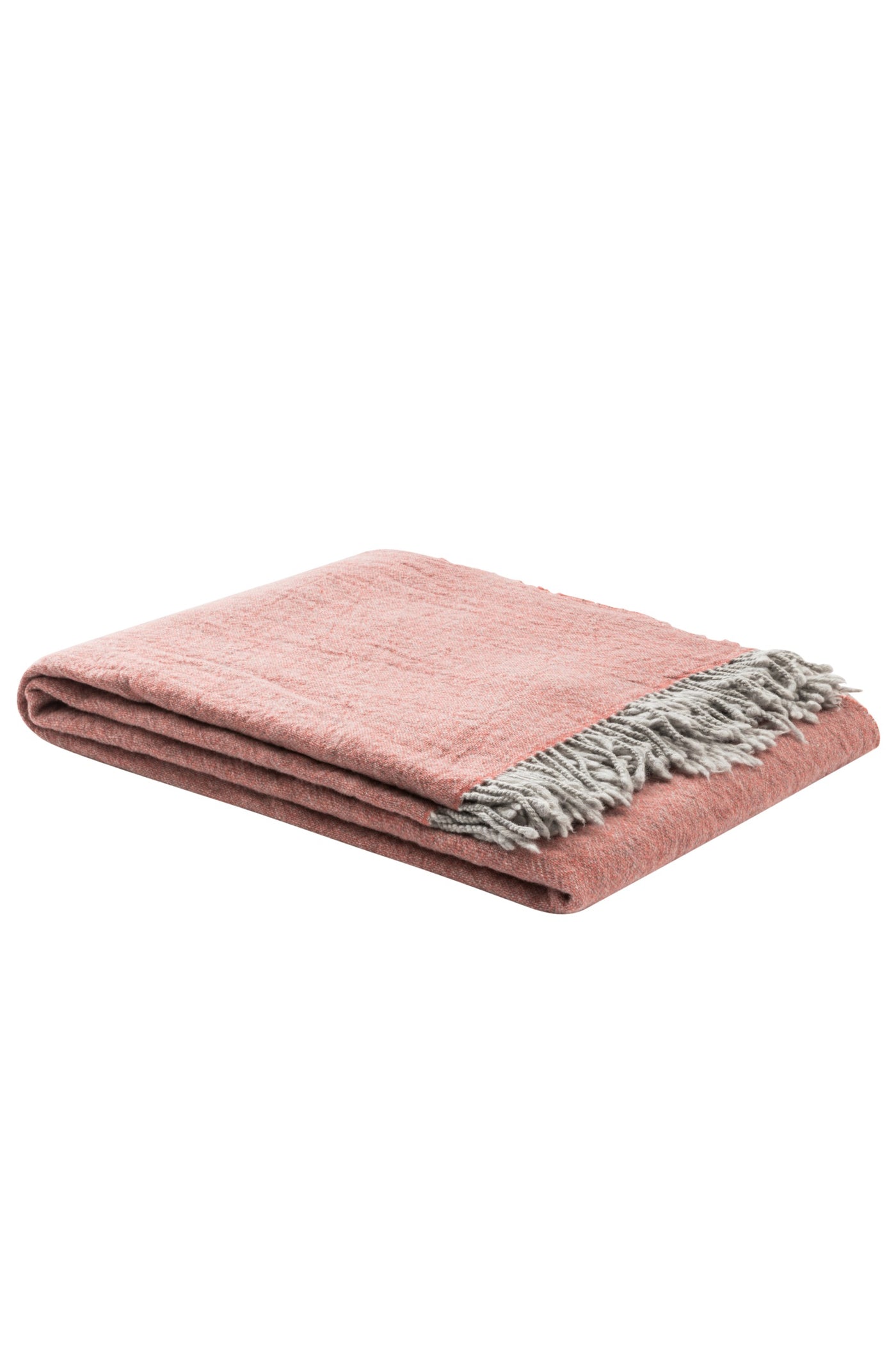 Dusty rose throw folded neatly, showing grey fringe trim along one edge.