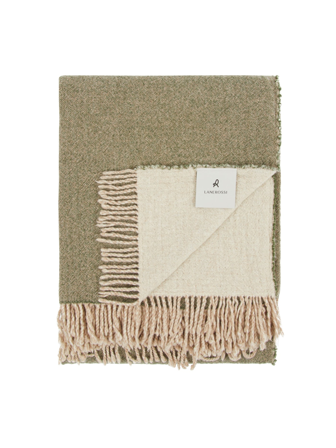 Lanerossi Dioniso throw folded, olive and ivory reversible wool with blush fringe trim.