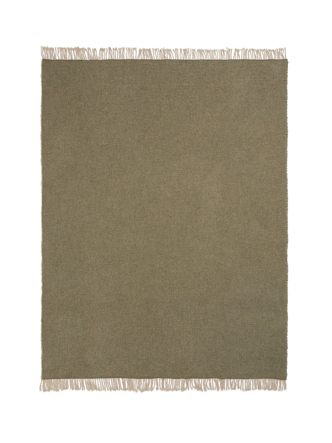 Olive green woven throw with contrasting ivory fringe trim, flat lay view.