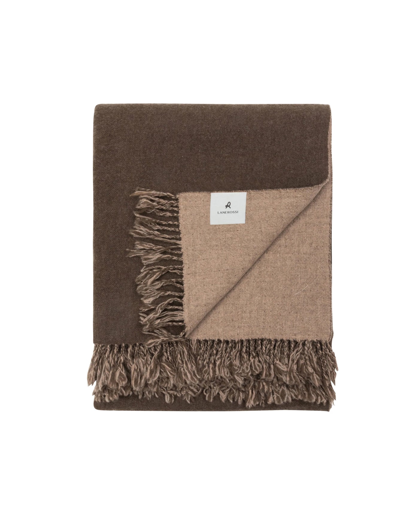 Lanerossi Dioniso throw folded, showing chocolate and camel reversible sides with fringe trim.