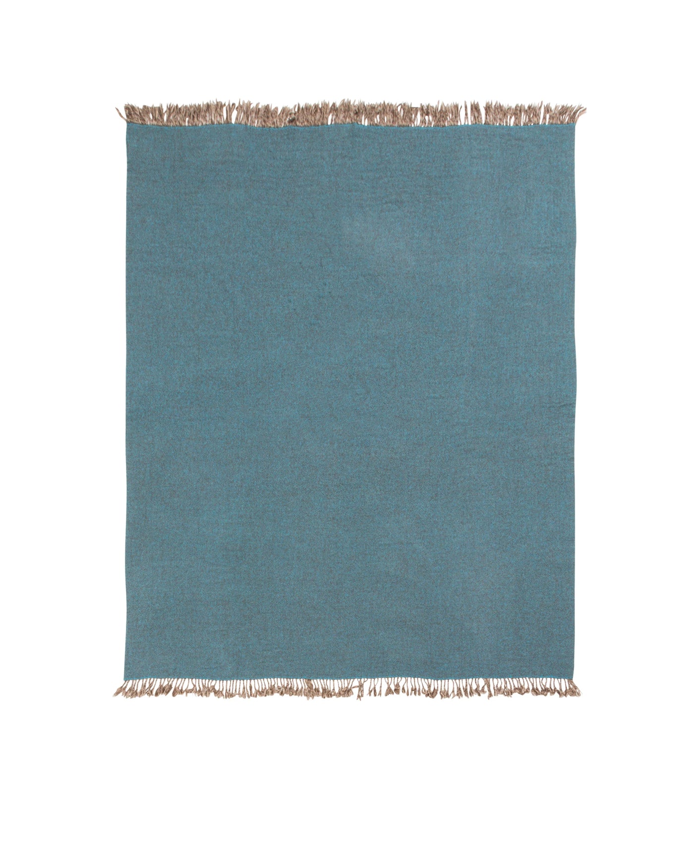 Lanerossi Dioniso throw in teal with contrast fringe trim, flat lay view.