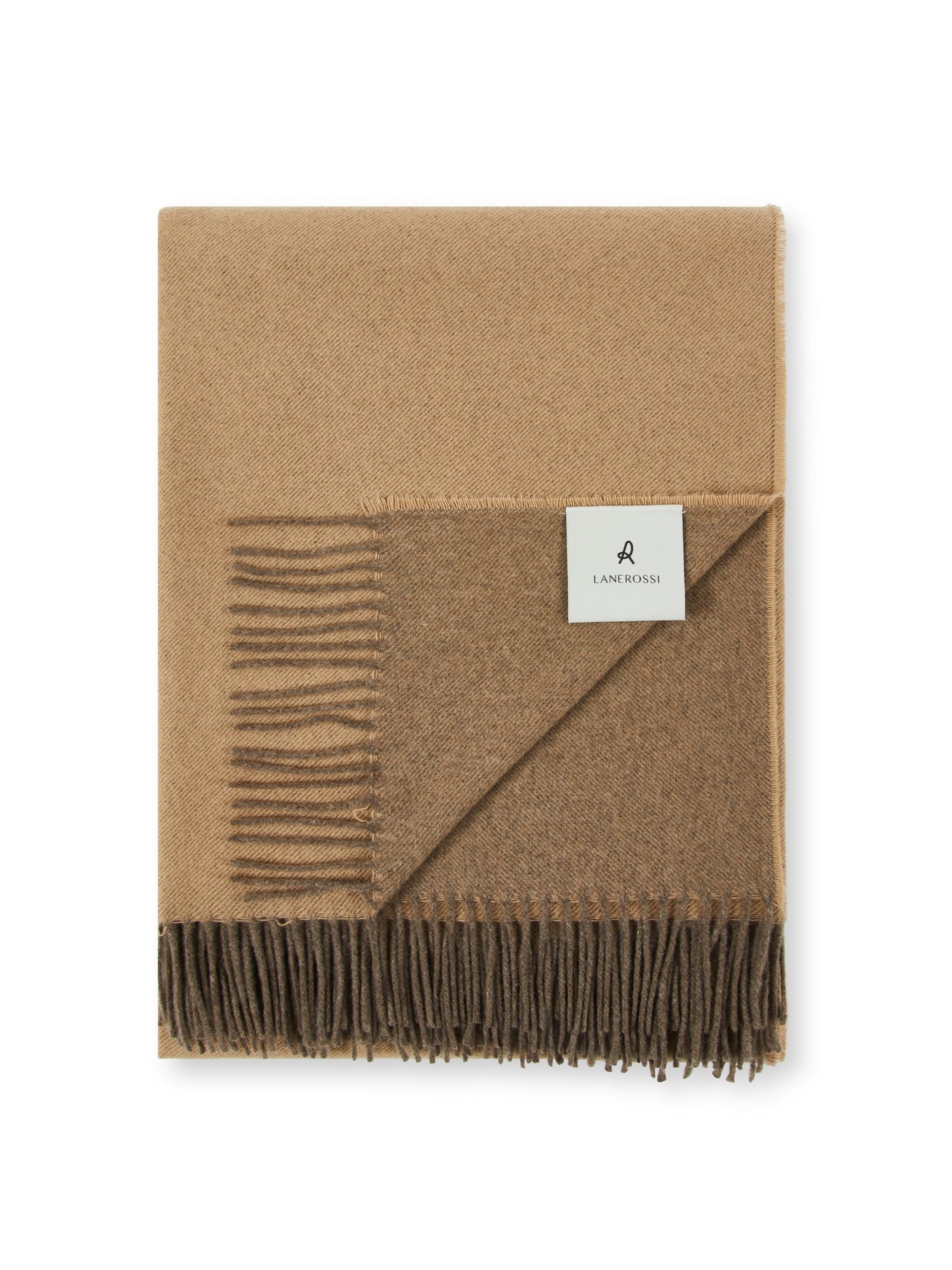 Close-up of folded Lanerossi Everest Colour throw in camel and brown, with fringed edge detail.