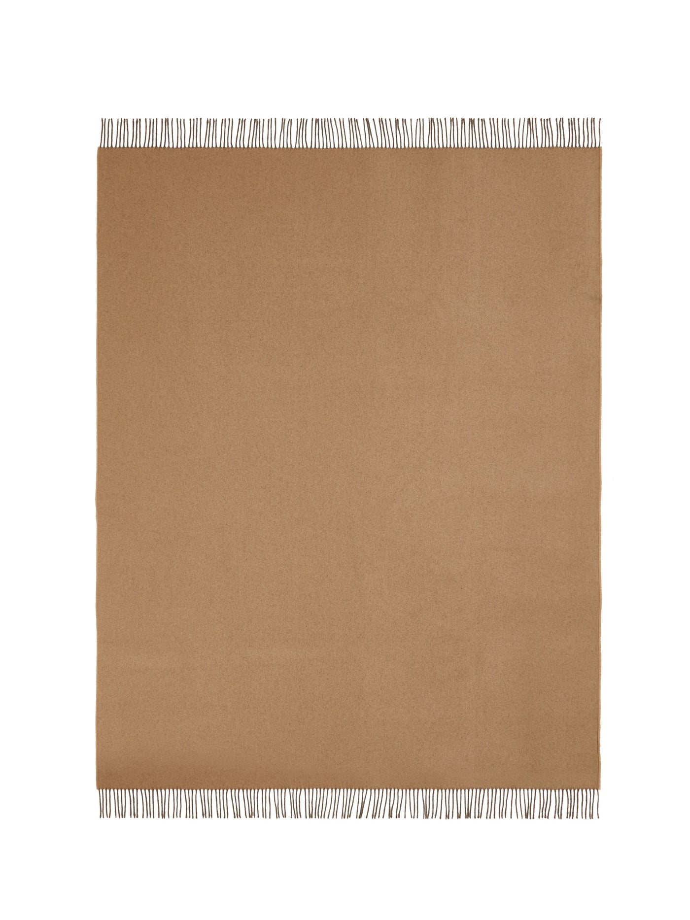 Camel throw laid flat, showing fringe trim along top and bottom edges.