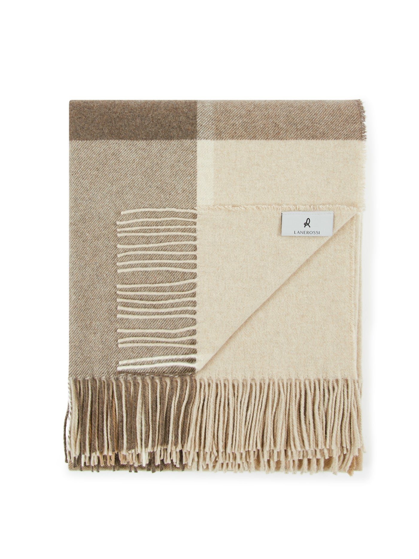 Lanerossi Everest Check throw in ivory and taupe, folded to show fringe trim.