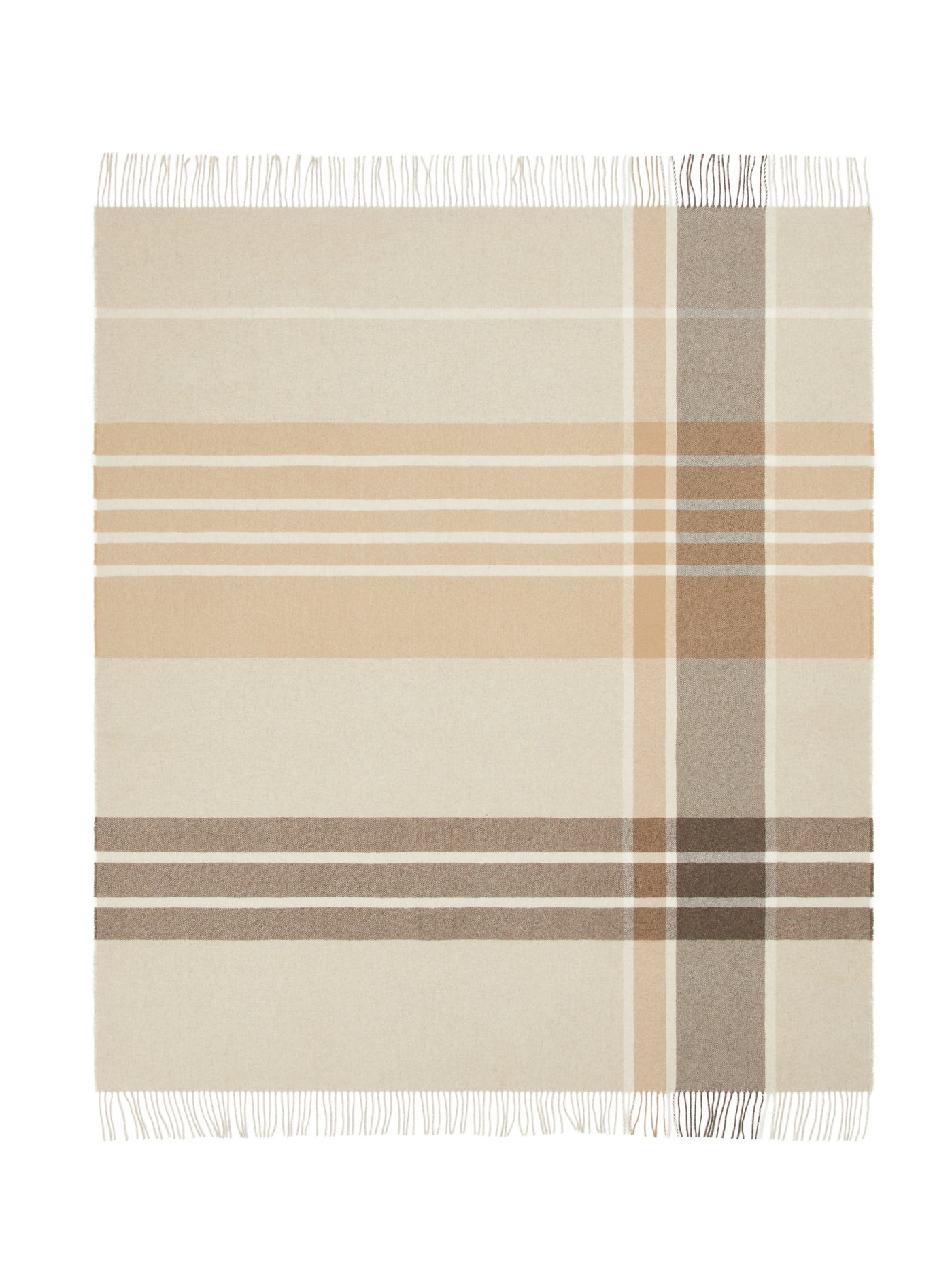 Lanerossi Everest Check throw laid flat, ivory with camel, taupe, and white plaid stripes, fringe trim.