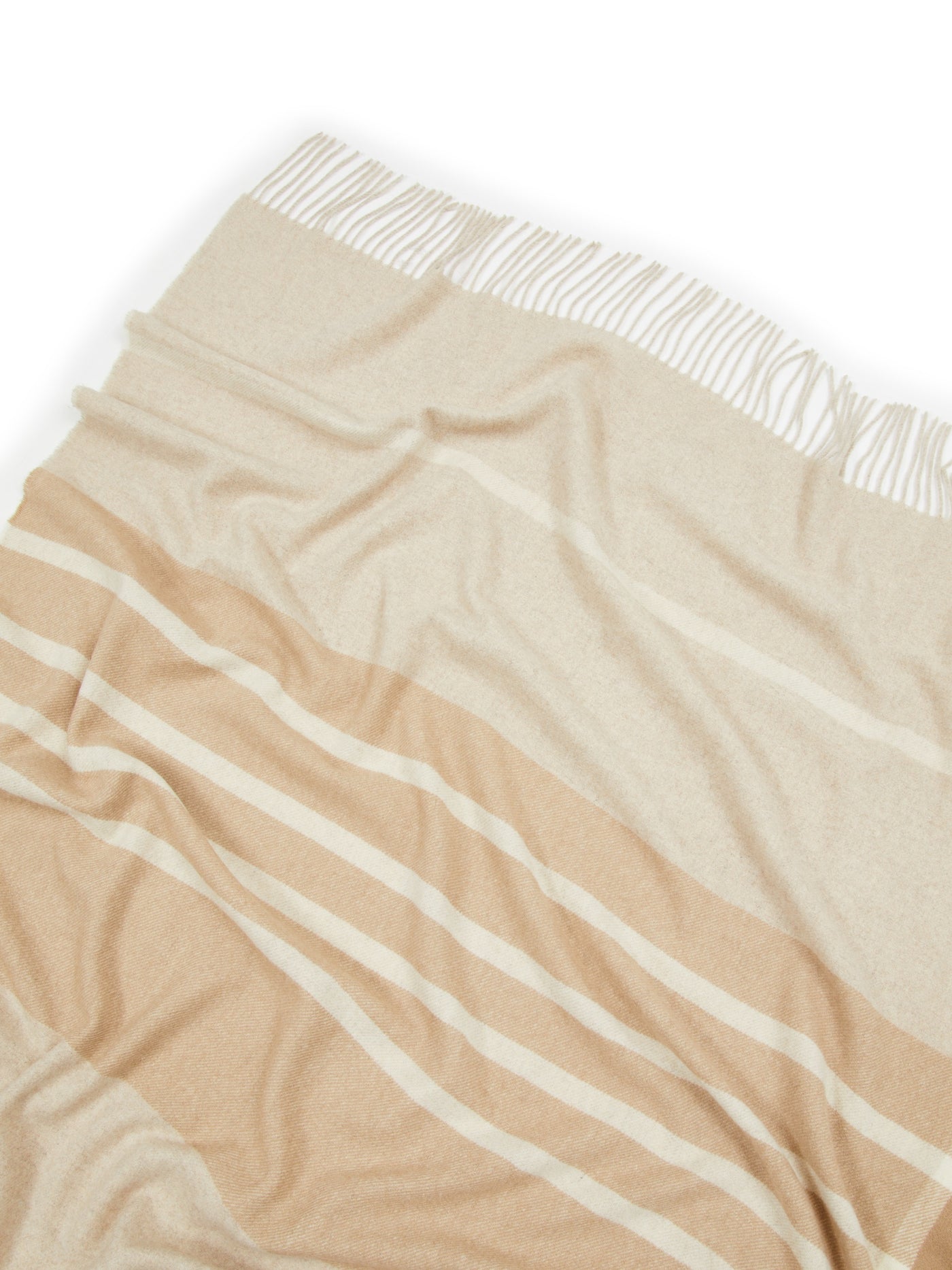 Close-up of Lanerossi Everest throw in camel, ivory stripes, and knotted fringe trim.