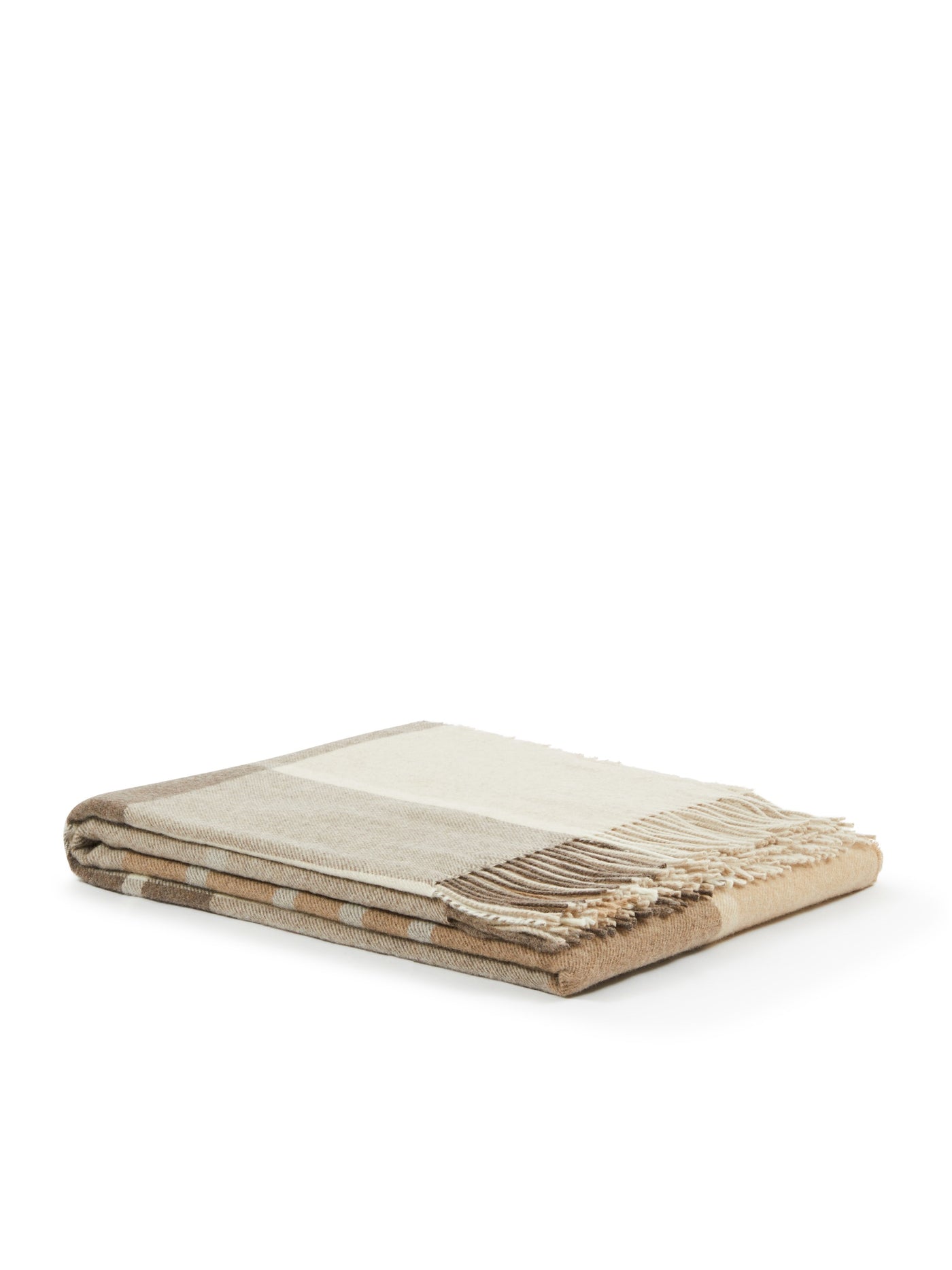 Folded Lanerossi Everest Check throw showing ivory and camel block check with fringe trim.