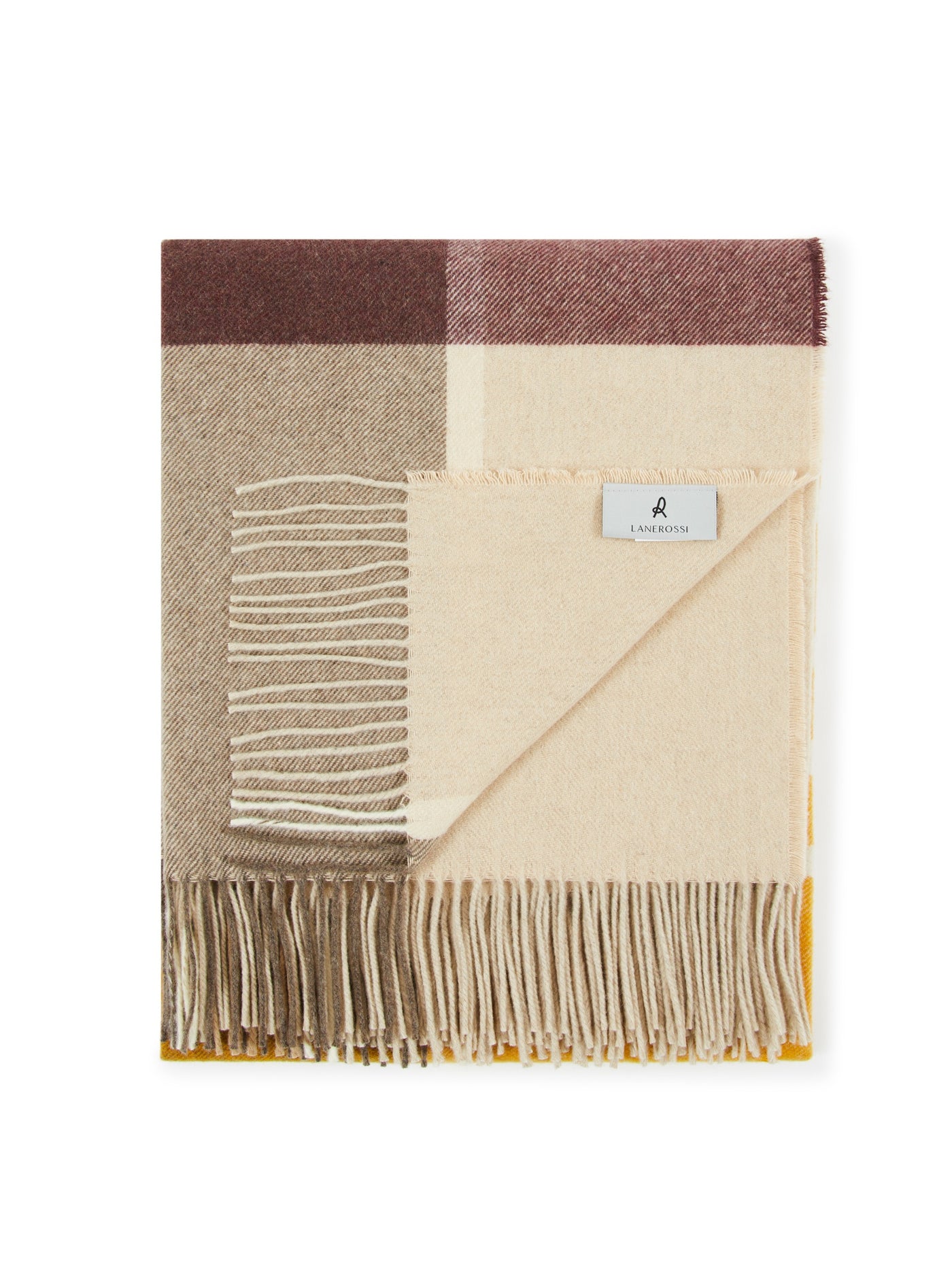 Lanerossi Everest Check throw folded to reveal ivory lining and fringe detail.