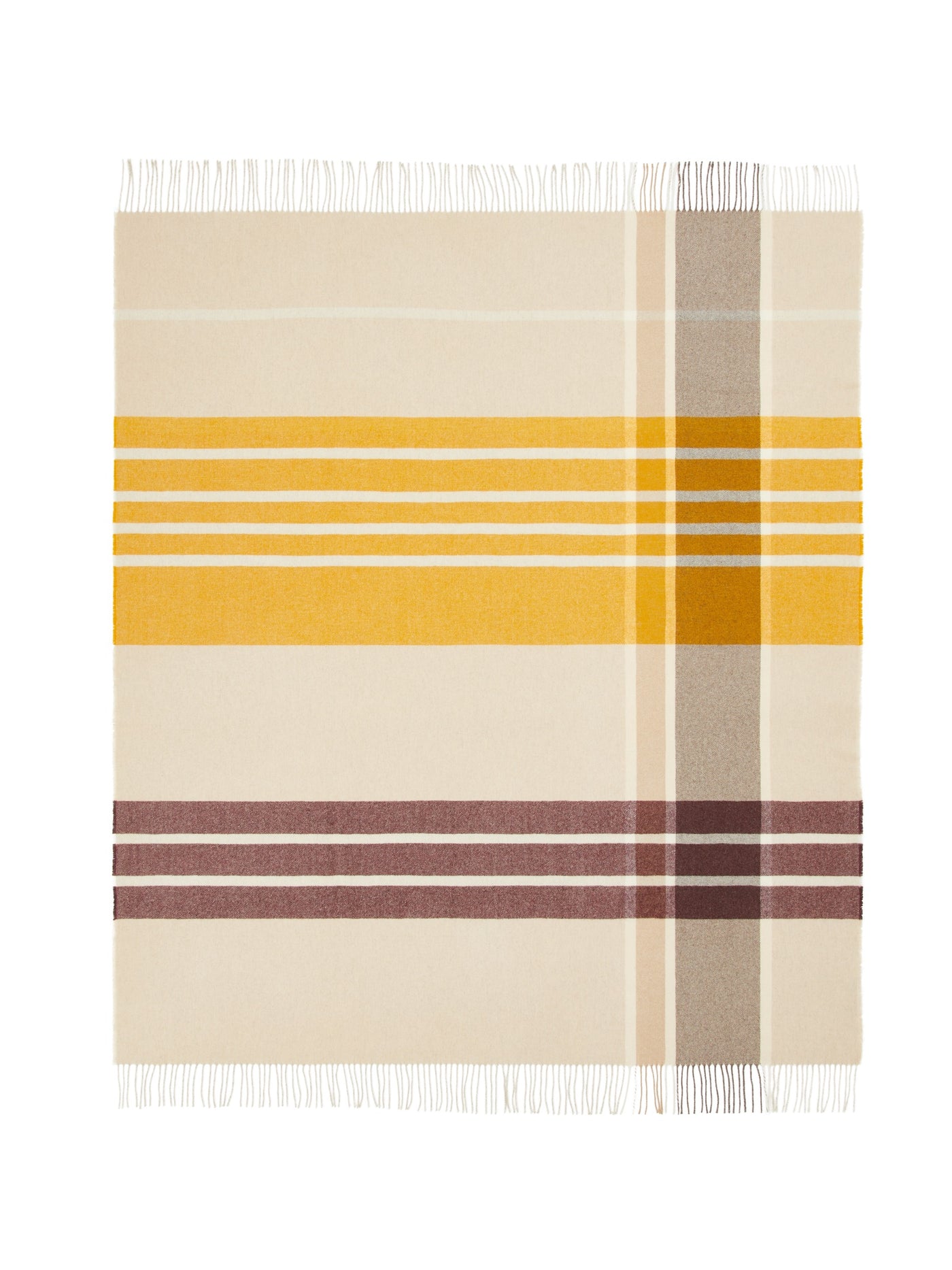 Lanerossi Everest Check throw, ivory with saffron and burgundy plaid stripes, fringed edges.
