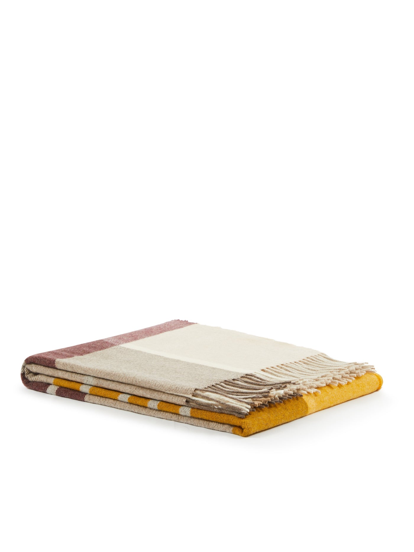 Folded throw with ivory, mustard, and berry check pattern, fringed edge detail.