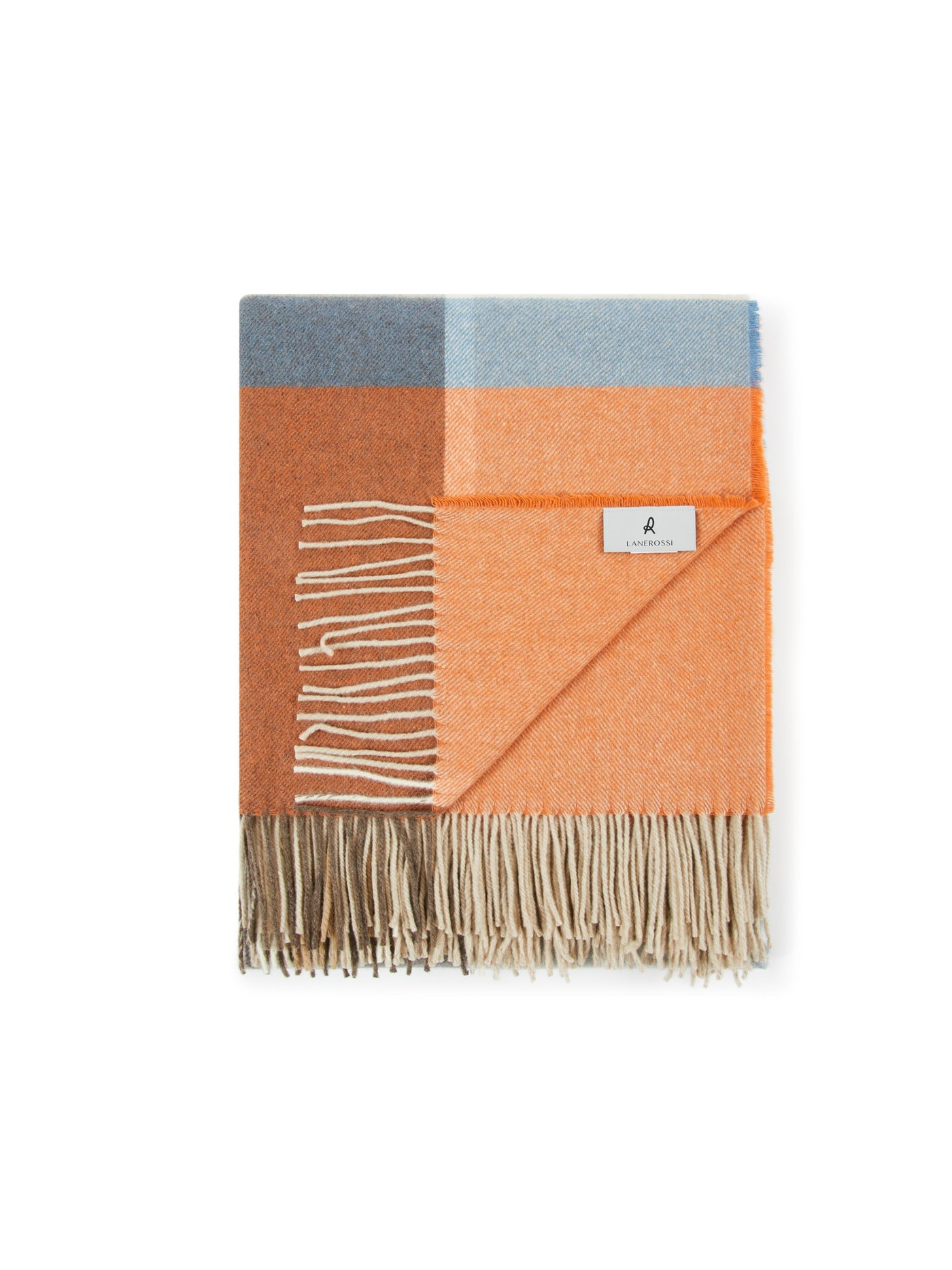 Lanerossi Everest Check throw folded, showing terracotta and slate blue colorblock with fringe.